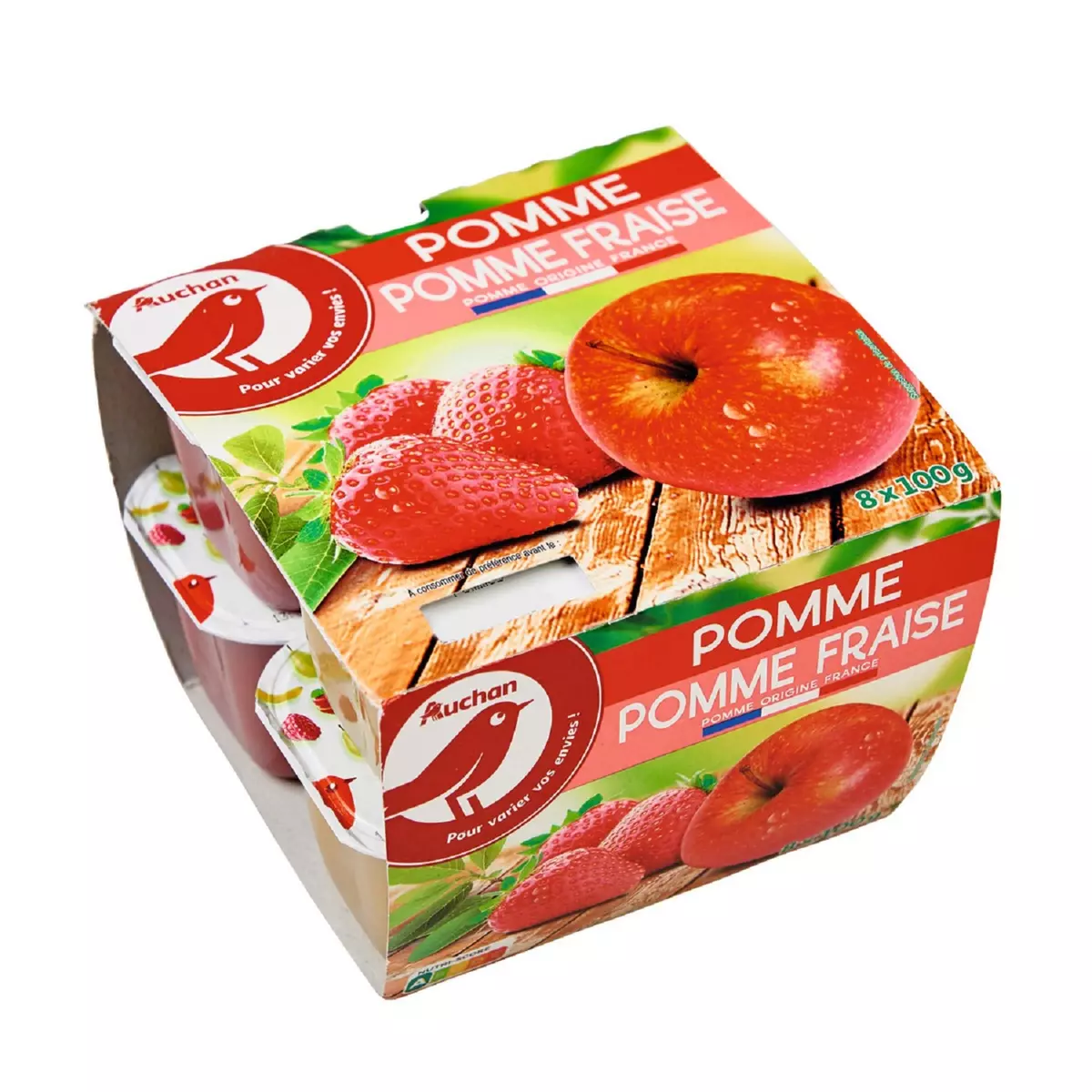 AUCHAN Compotes pomme et  pomme fraise 8x100g