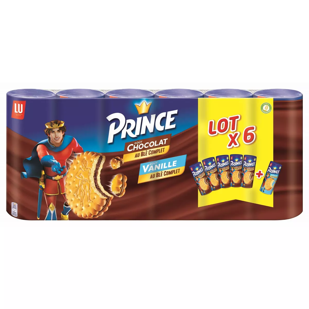 PRINCE Biscuits fourrés goût chocolat et goût vanille au blé complet 6x300g