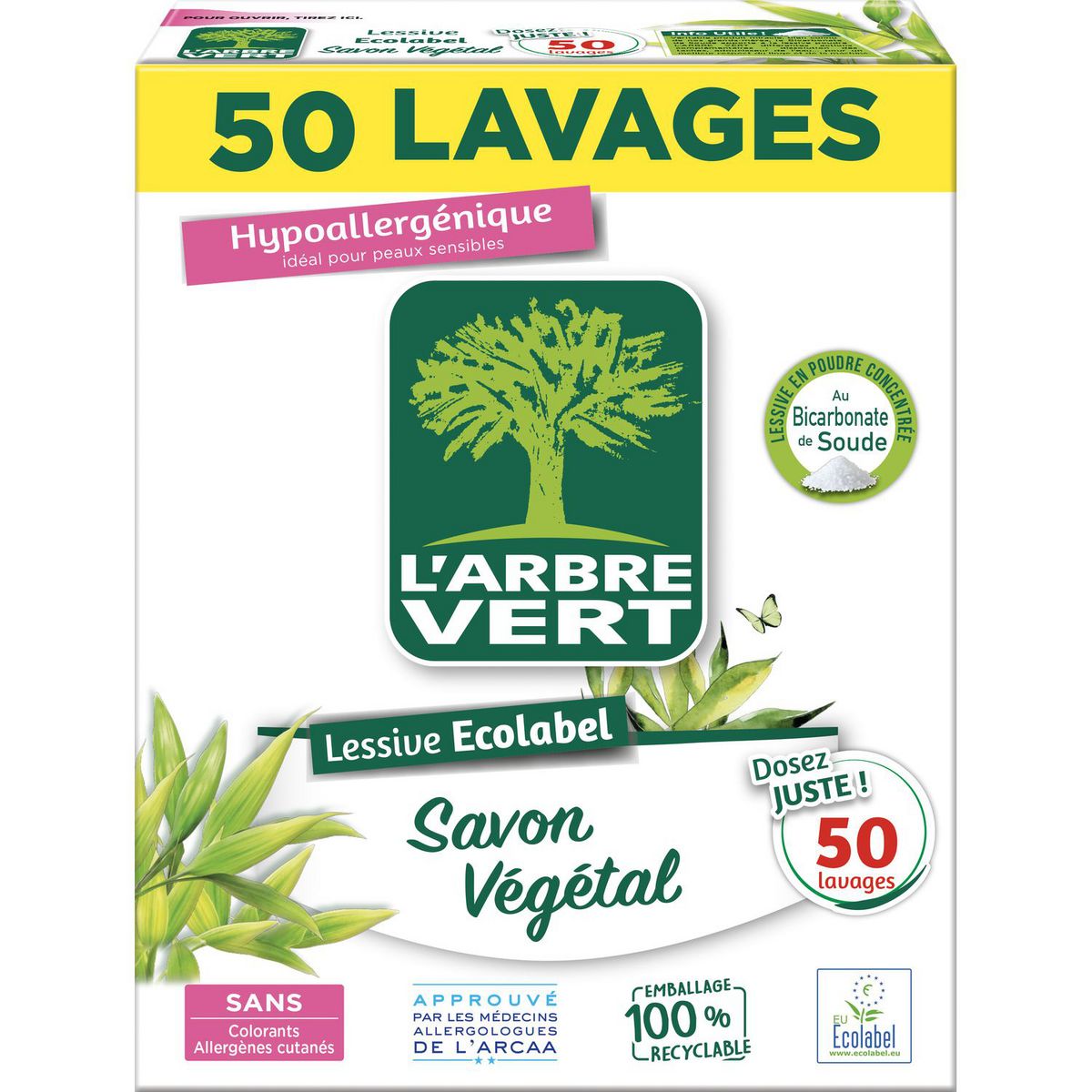 L'ARBRE VERT Lessive poudre au savon végétal 50 lavages 2,5kg