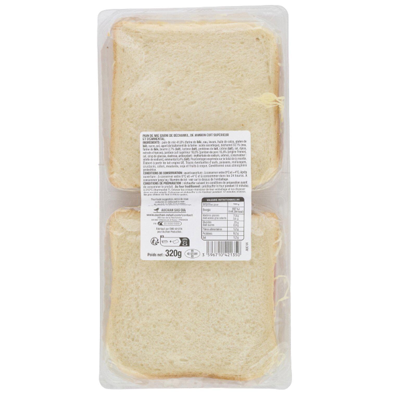 Voir la diapositive 2 : AUCHAN Croque monsieur béchamel gratiné à l'emmental et jambon supérieur 2 pièces 320g