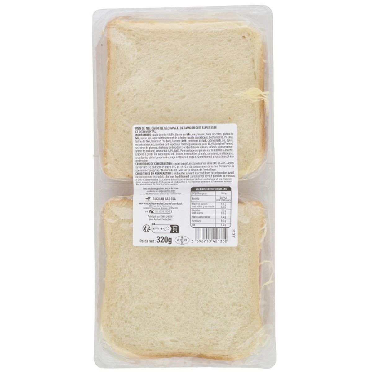 AUCHAN Croque monsieur béchamel gratiné à l'emmental et jambon supérieur 2 pièces 320g