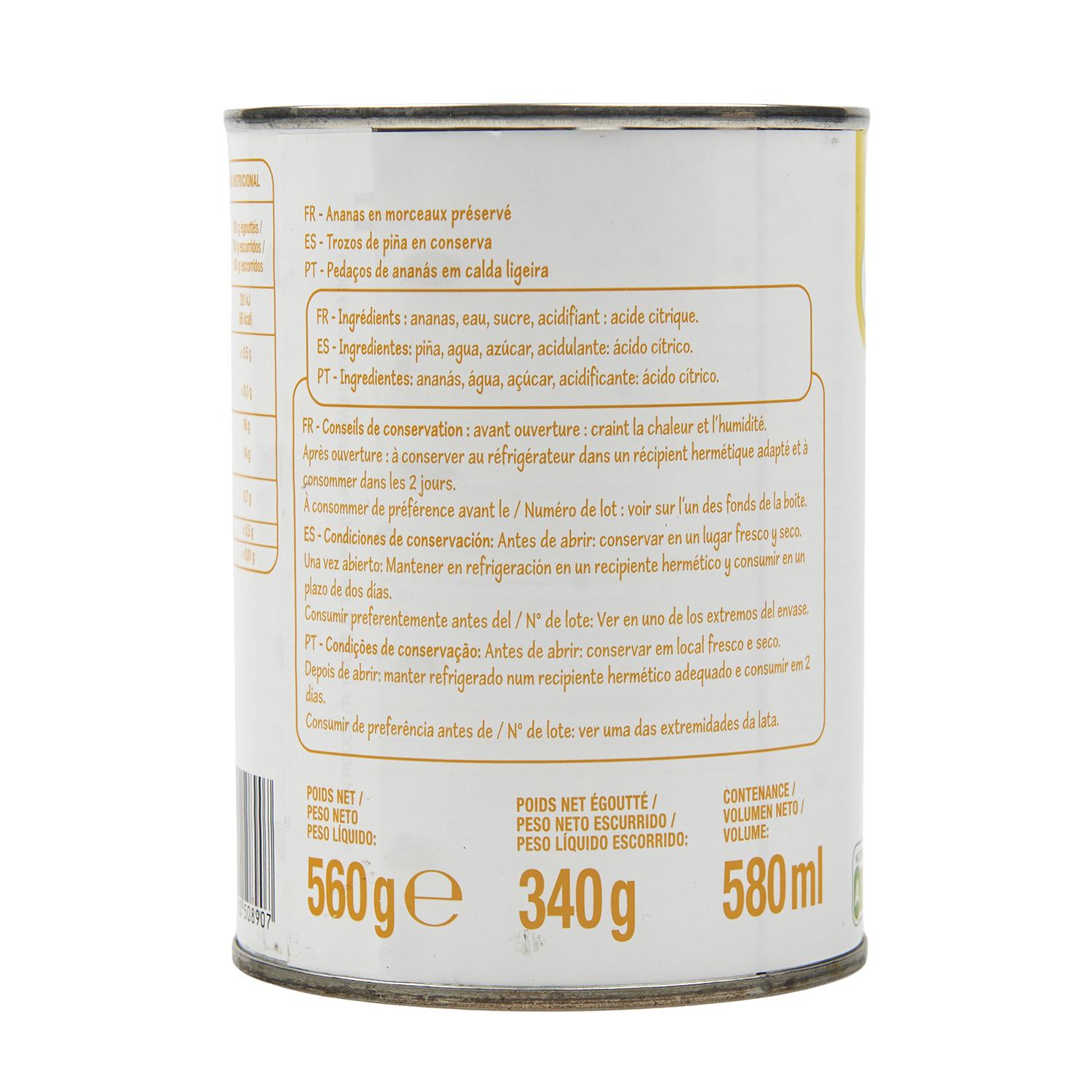 Voir la diapositive 3 : POUCE Ananas en morceaux au sirop léger 340g