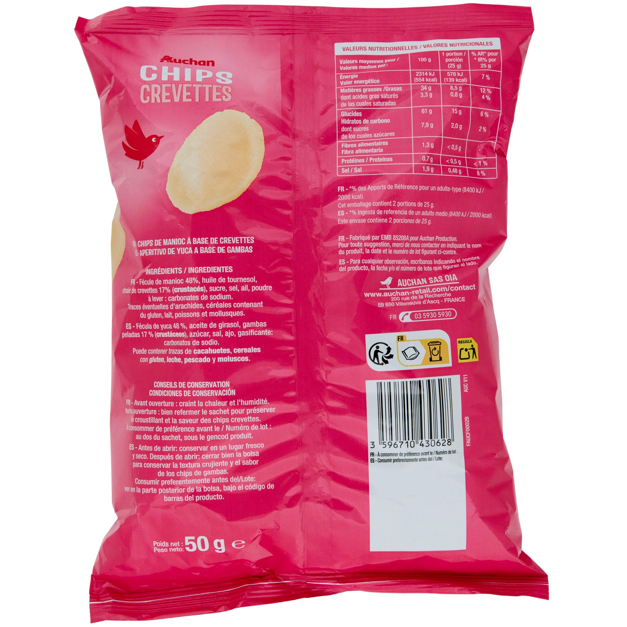 Voir la diapositive 2 : AUCHAN Chips saveur crevettes 50g