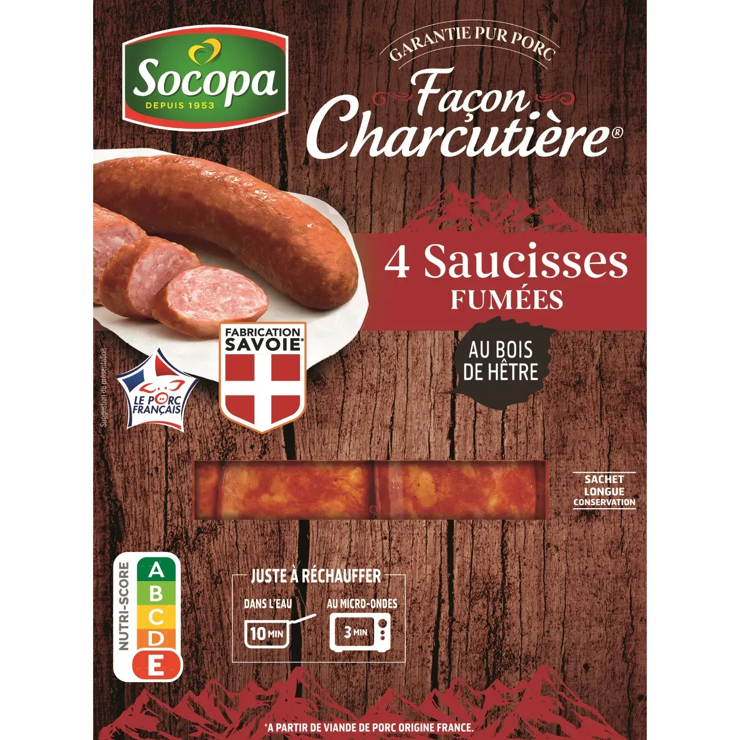 SOCOPA Saucisses fumées au bois de hêtre façon charcutière 4 pièces 320g