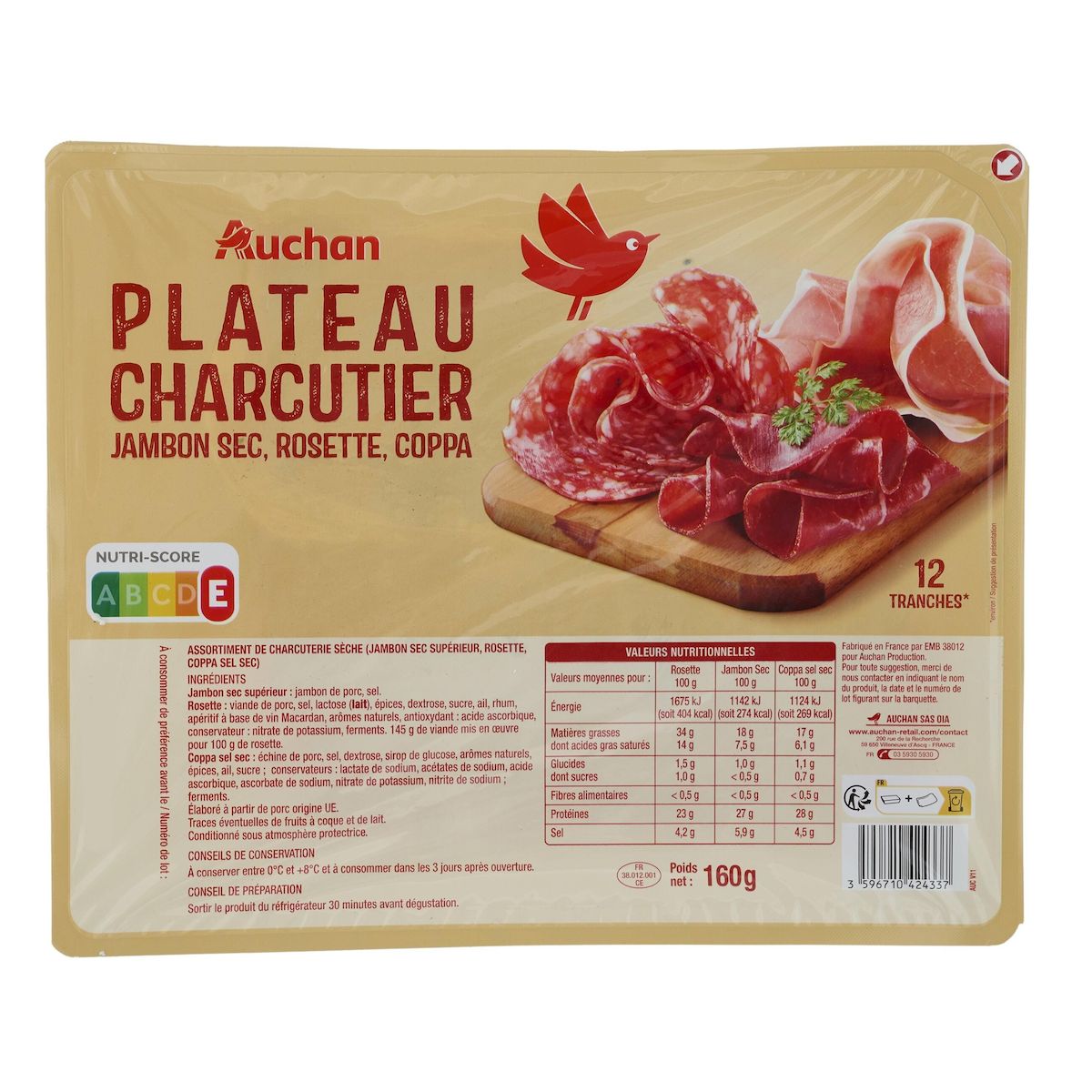 AUCHAN Plateau de Charcuterie jambon sec rosette coppa 12 tranches 160g
