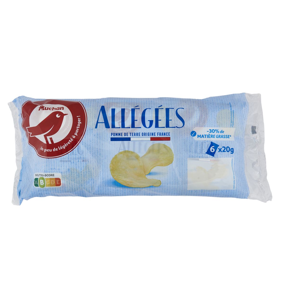 AUCHAN Chips allégées -30% de matière grasse lot de 6 6x20g
