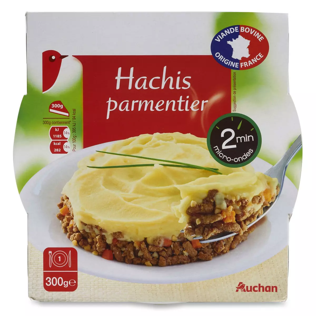 AUCHAN Hachis parmentier viande bovine française en barquette 2min au micro-ondes 1 personne 300g