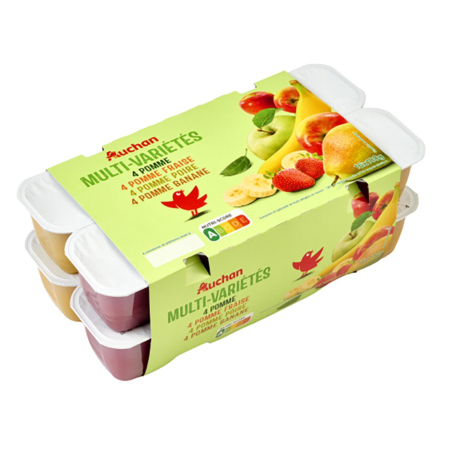 Voir la diapositive 3 : AUCHAN Coupelles pomme fraise abricot banane allégées en sucres sans conservateur 16x100g