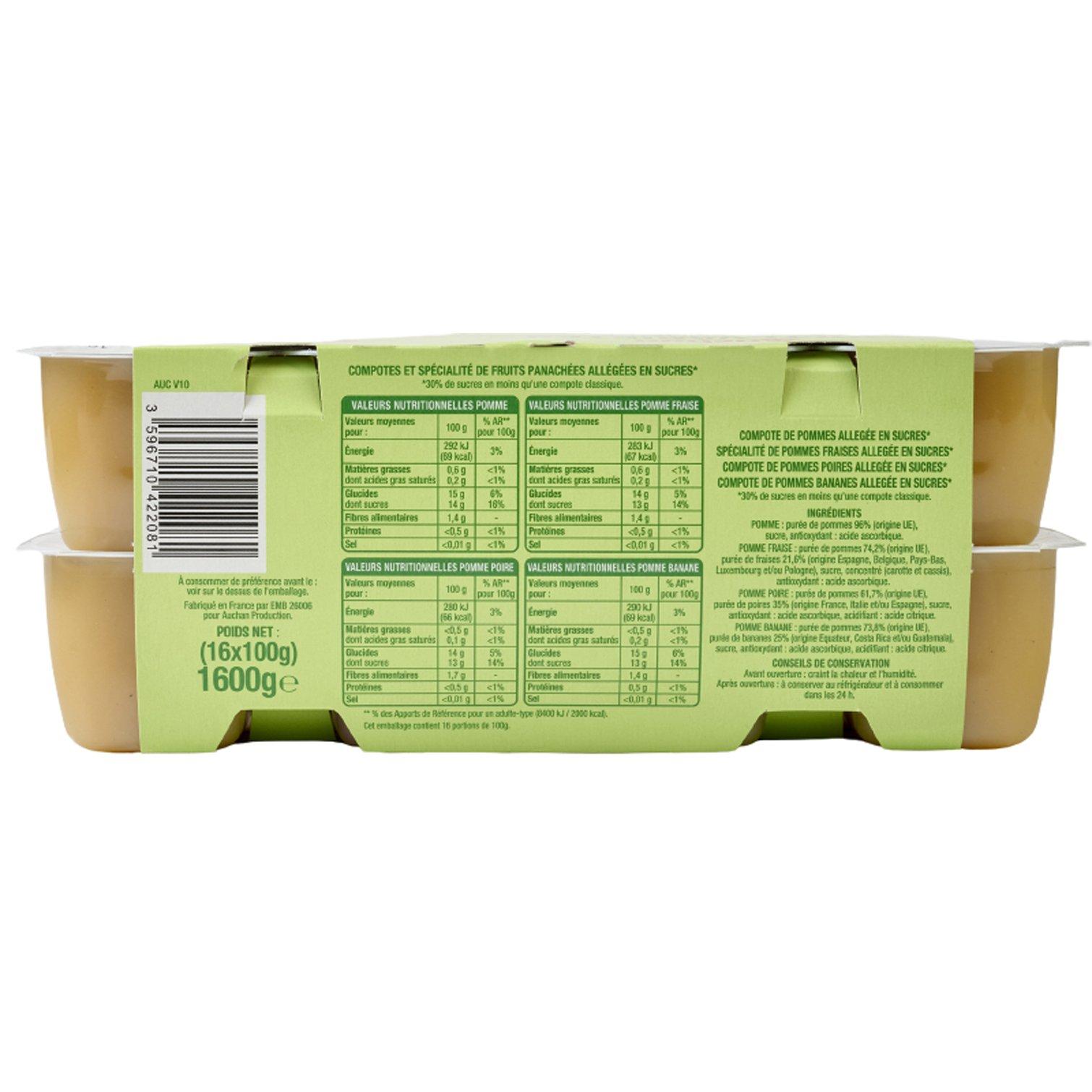 Voir la diapositive 4 : AUCHAN Coupelles pomme fraise abricot banane allégées en sucres sans conservateur 16x100g