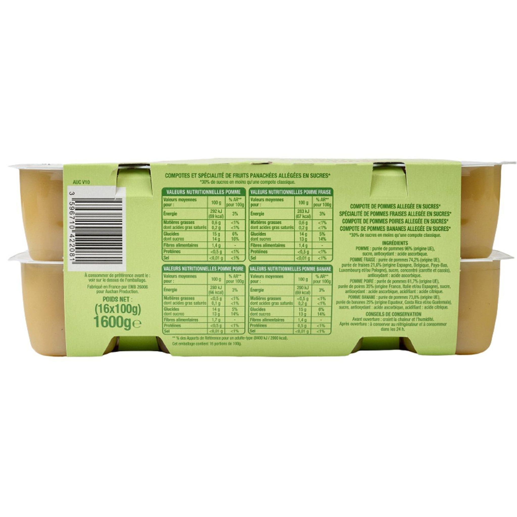 Voir la diapositive 4 : AUCHAN Coupelles pomme fraise abricot banane allégées en sucres sans conservateur 16x100g