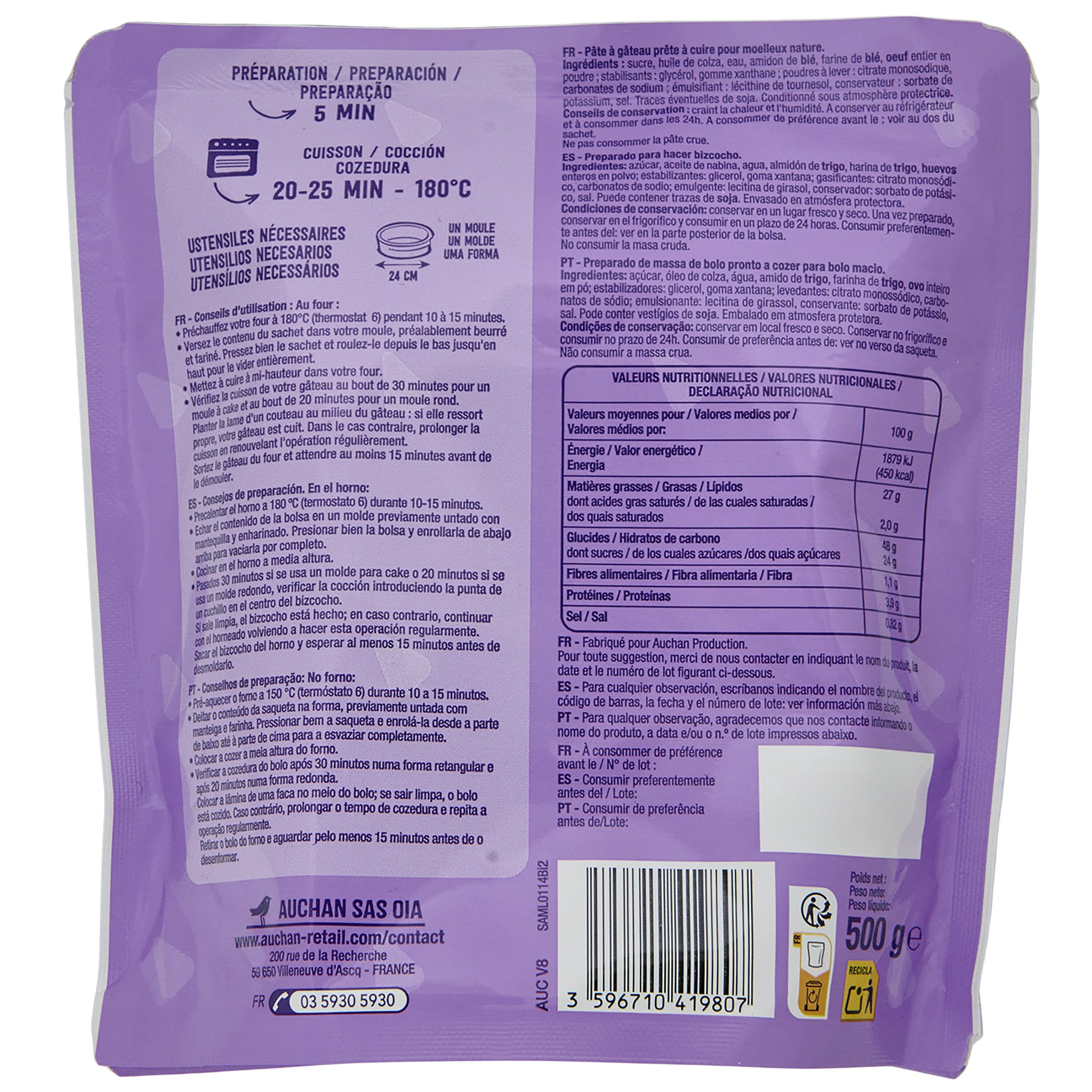 Voir la diapositive 2 : AUCHAN Préparation pour moelleux nature tout prêt 8 parts 500g