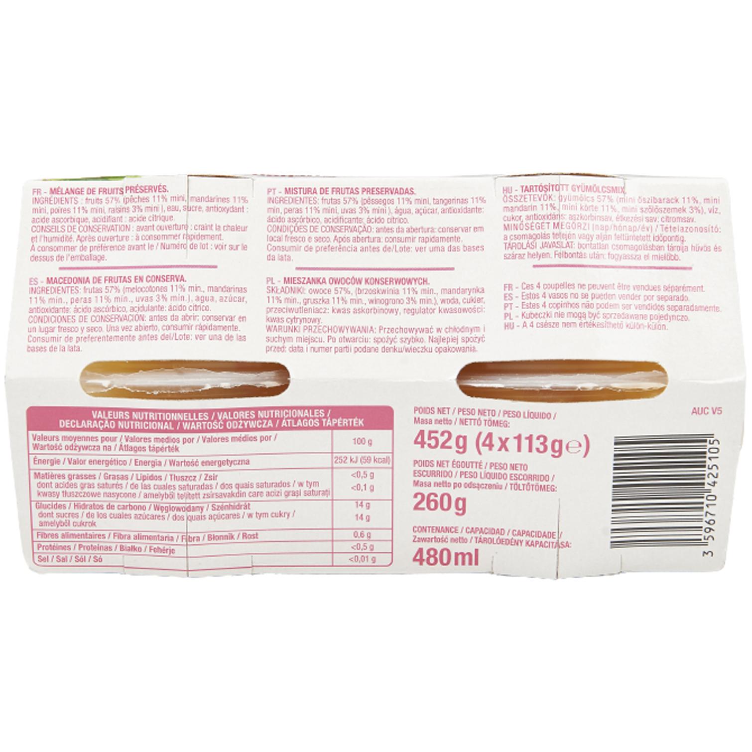 Voir la diapositive 2 : AUCHAN Coupelles de fraîcheur à la pêche mandarine poire et raisins au sirop léger 4 coupelles 4x113g
