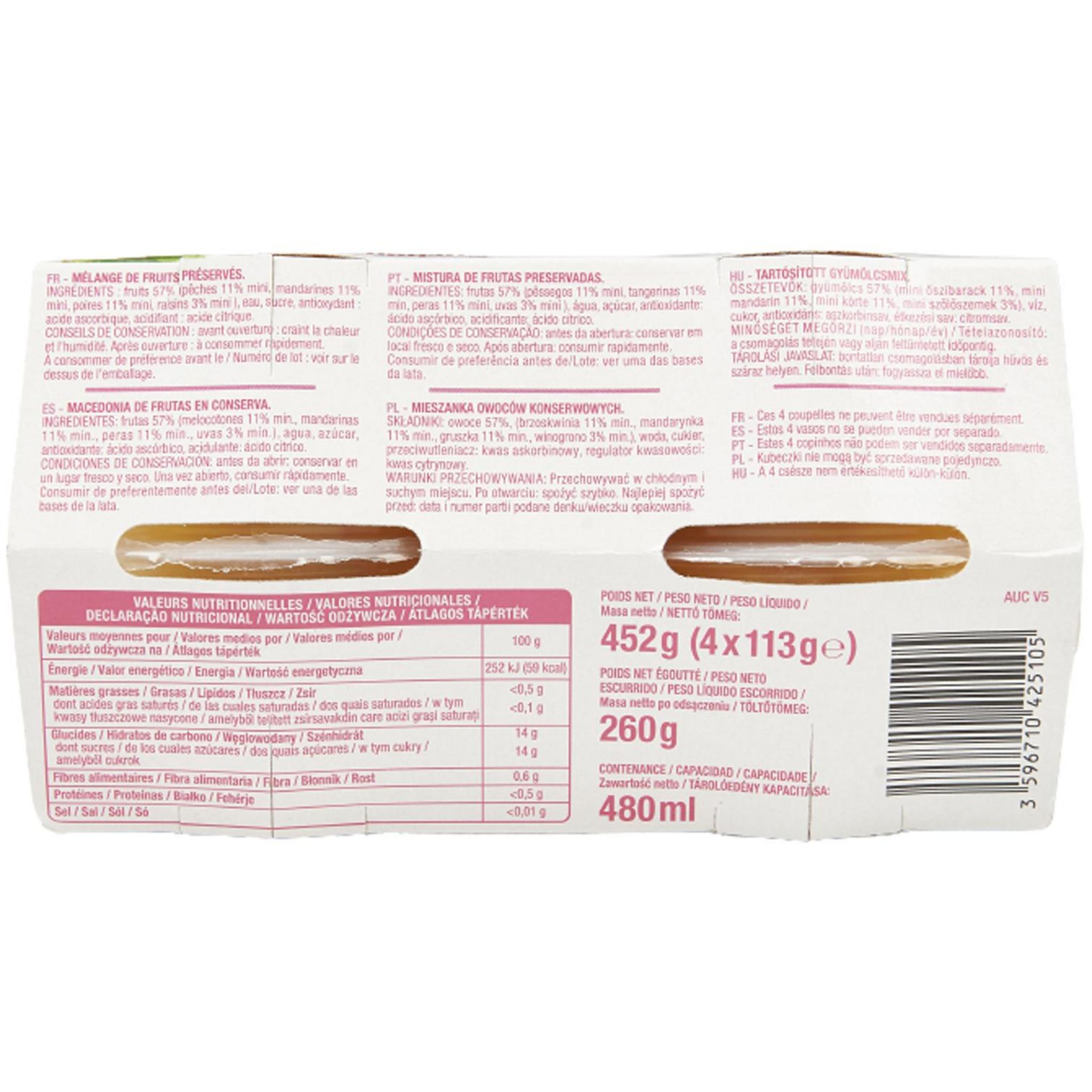 Voir la diapositive 2 : AUCHAN Coupelles de fraîcheur à la pêche mandarine poire et raisins au sirop léger 4 coupelles 4x113g