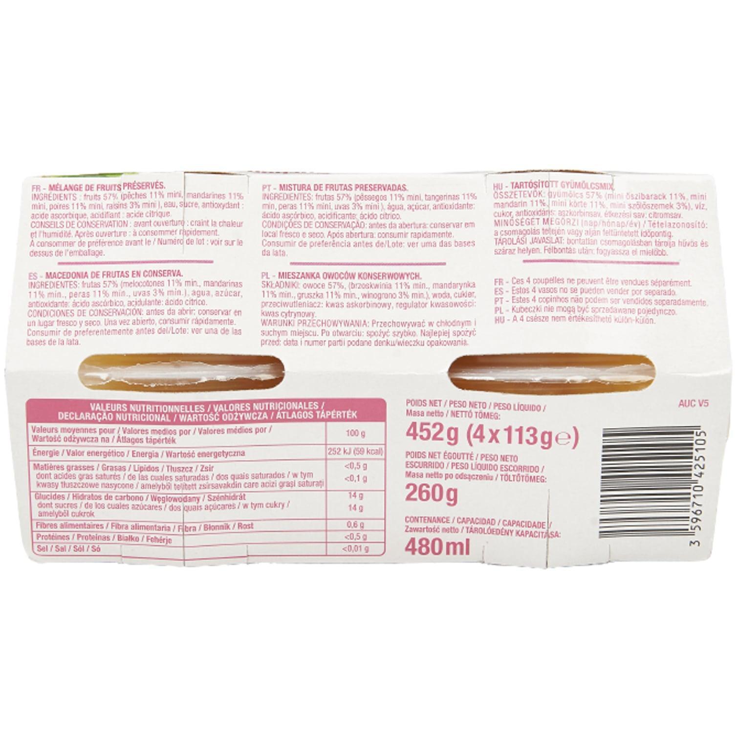 Voir la diapositive 3 : AUCHAN Coupelles de fraîcheur à la pêche mandarine poire et raisins au sirop léger 4 coupelles 4x113g