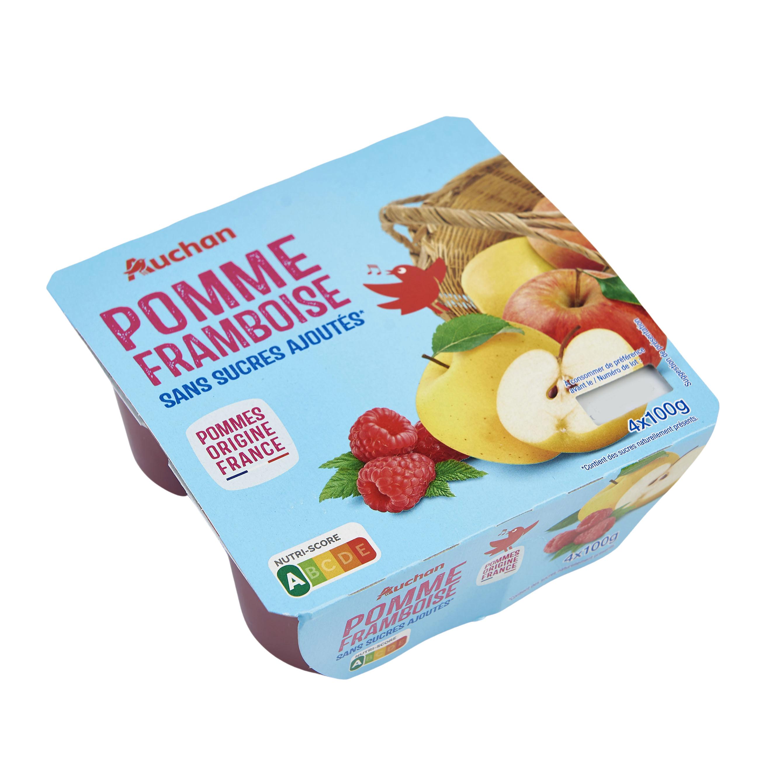 Voir la diapositive 3 : AUCHAN Coupelles purée de pomme framboise sans sucres ajoutés 4x100g