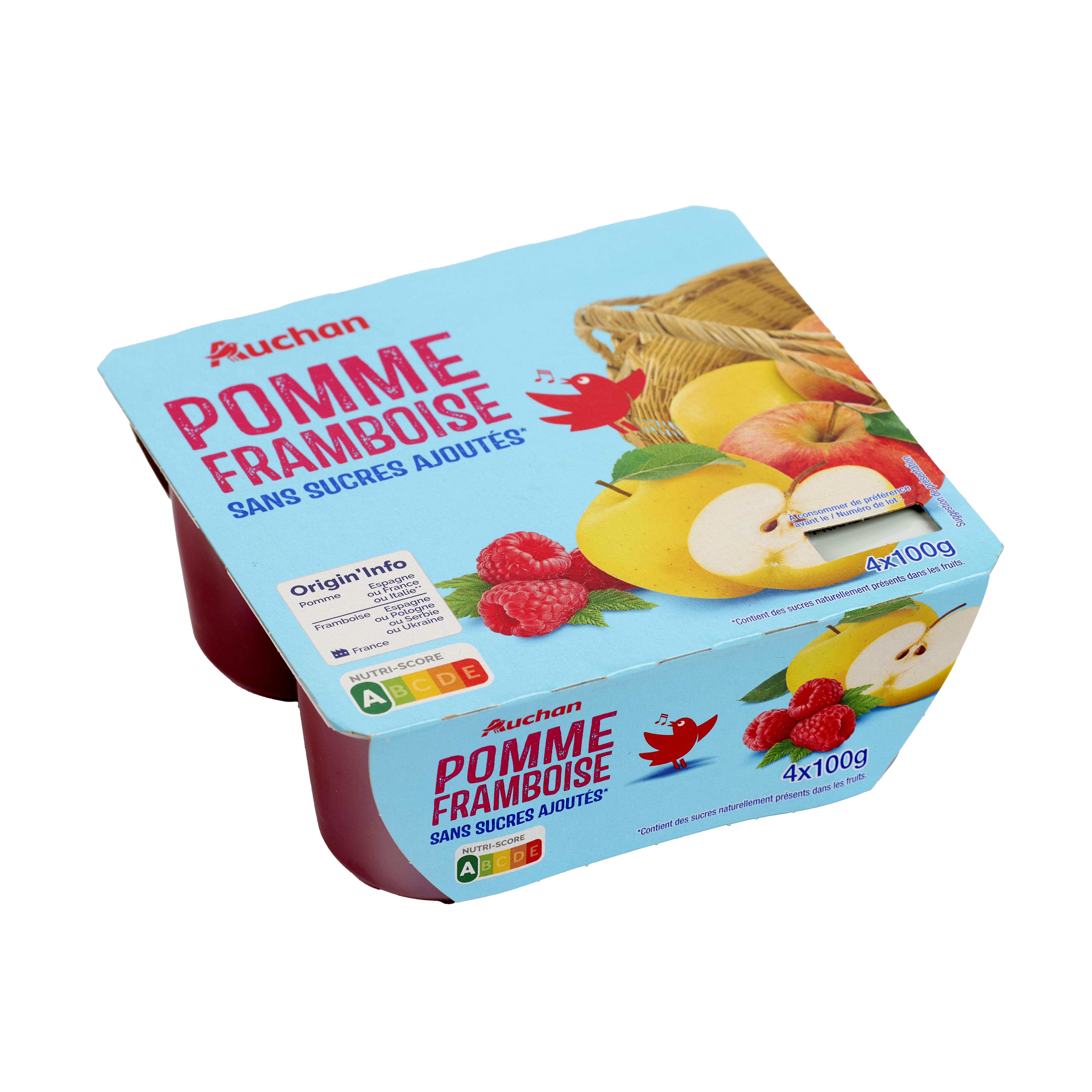 Voir la diapositive 4 : AUCHAN Coupelles purée de pomme framboise sans sucres ajoutés 4x100g