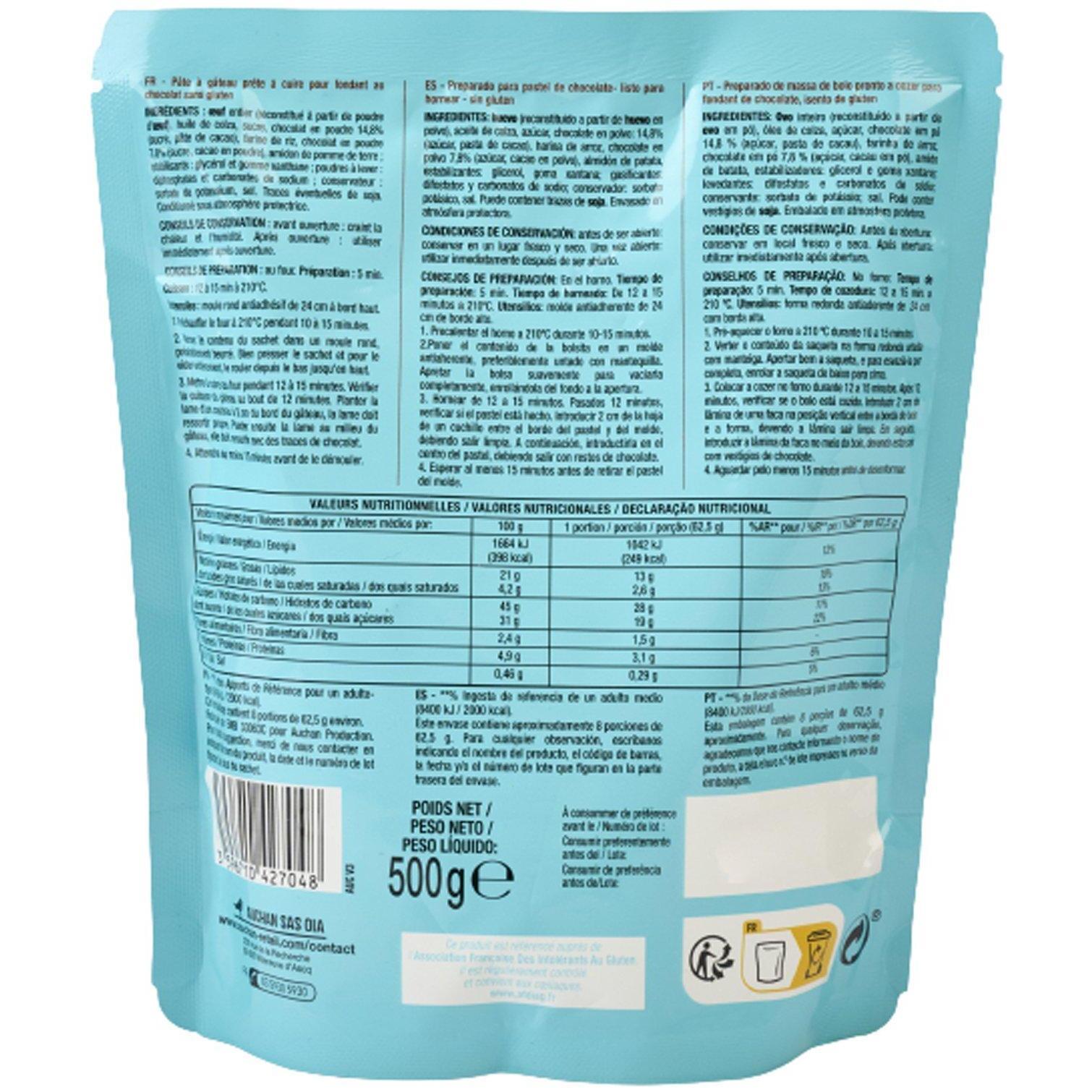 Voir la diapositive 2 : AUCHAN Préparation pour fondant au chocolat sans gluten 500g