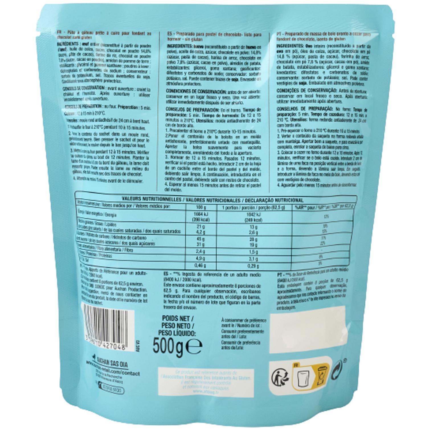 Voir la diapositive 3 : AUCHAN Préparation pour fondant au chocolat sans gluten 500g