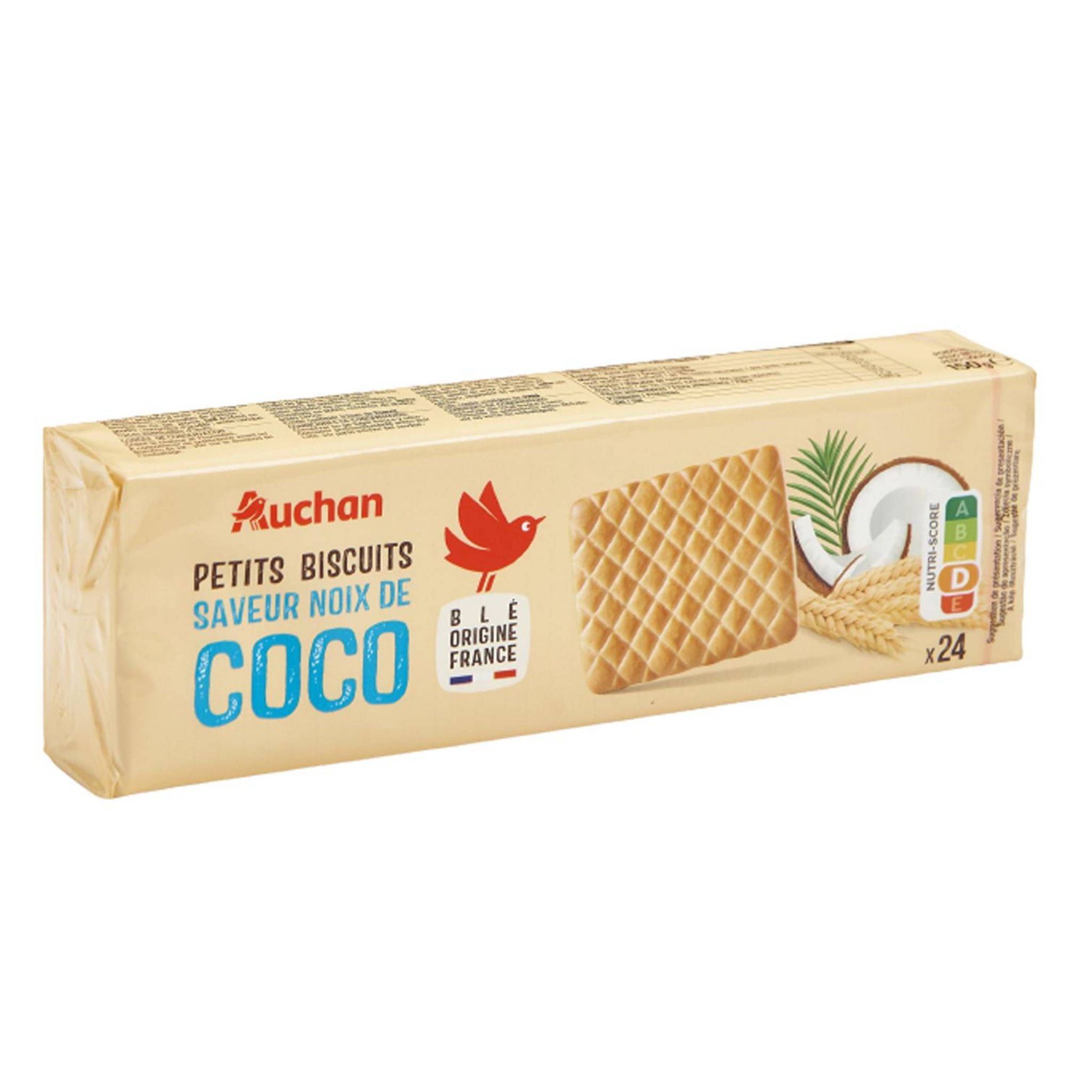Voir la diapositive 2 : AUCHAN Petits biscuits saveur noix de coco 24 biscuits 150g