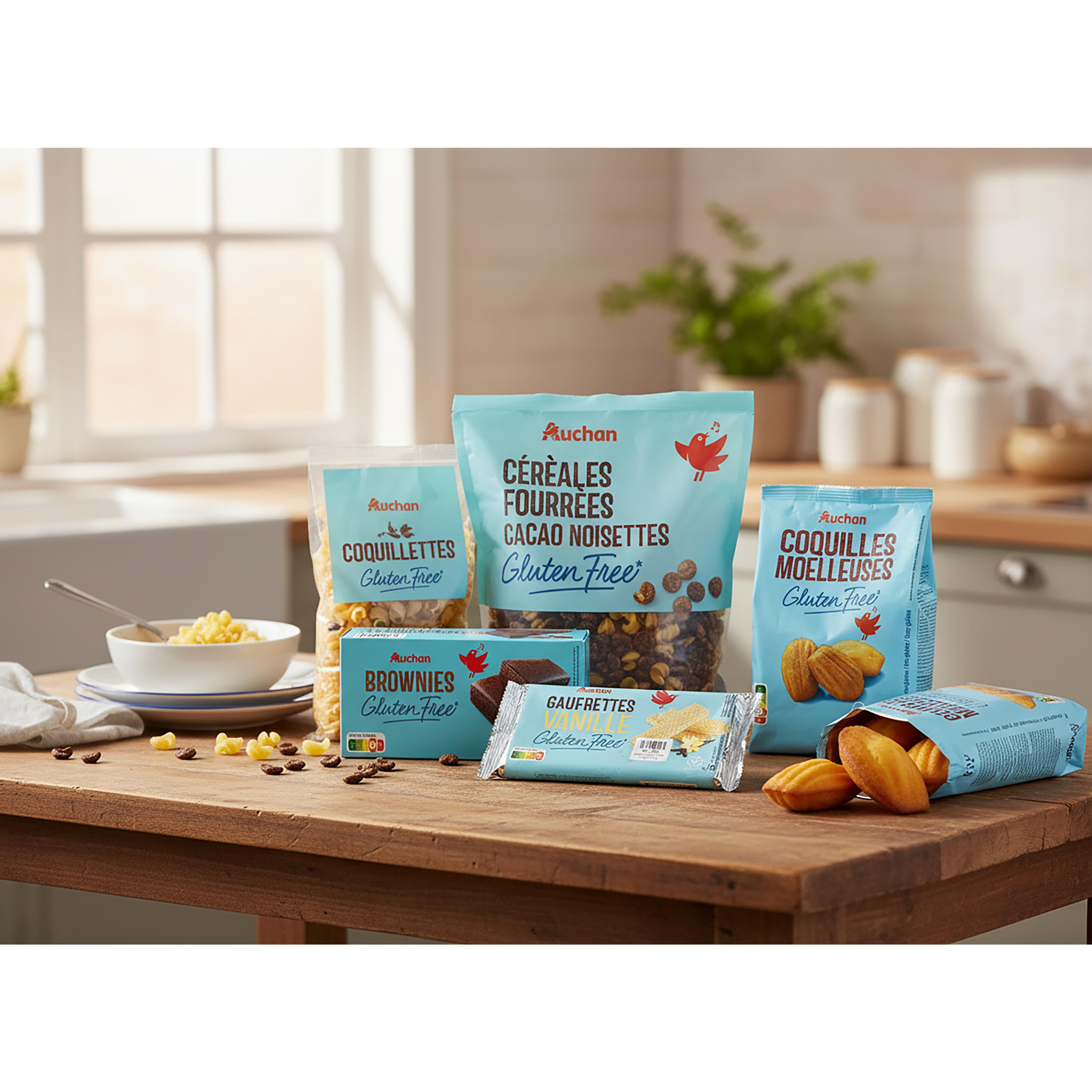 Voir la diapositive 2 : AUCHAN Céréales fourrées chocolat noisettes sans gluten 375g