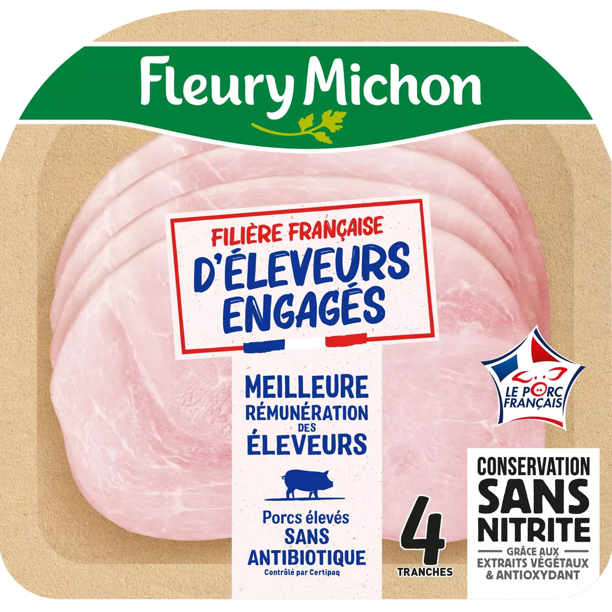 FLEURY MICHON Jambon filière française sans nitrite 4 tranches 140g