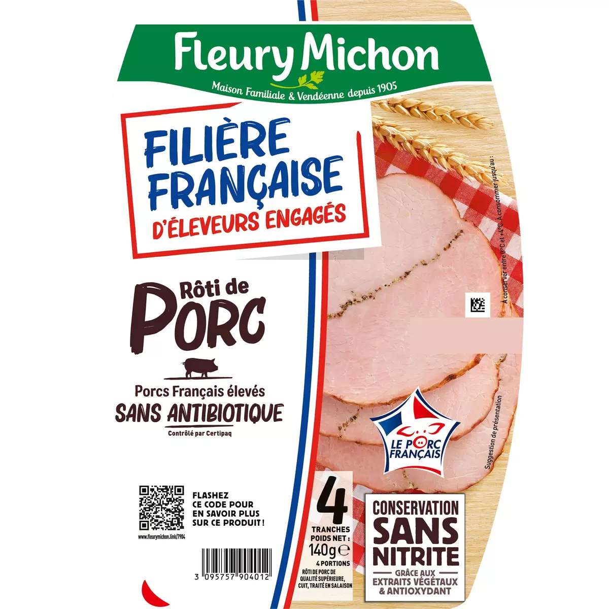 FLEURY MICHON Rôti de porc filière française sans nitrite 4 tranches 140g