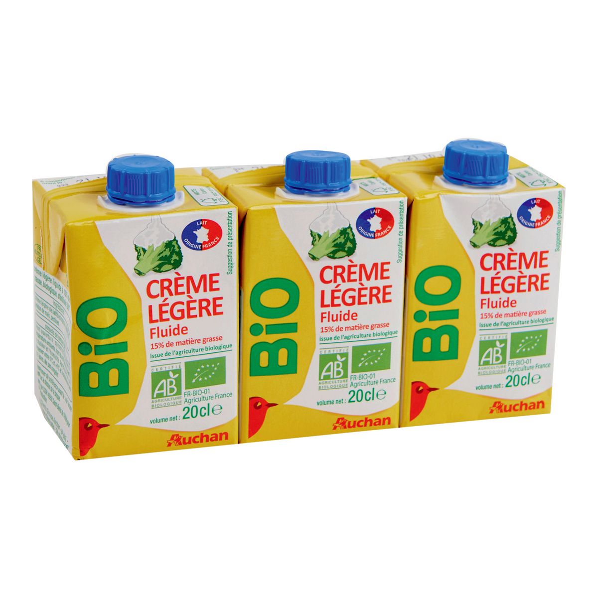 AUCHAN BIO Crème fluide légère 15% UHT 3x20cl