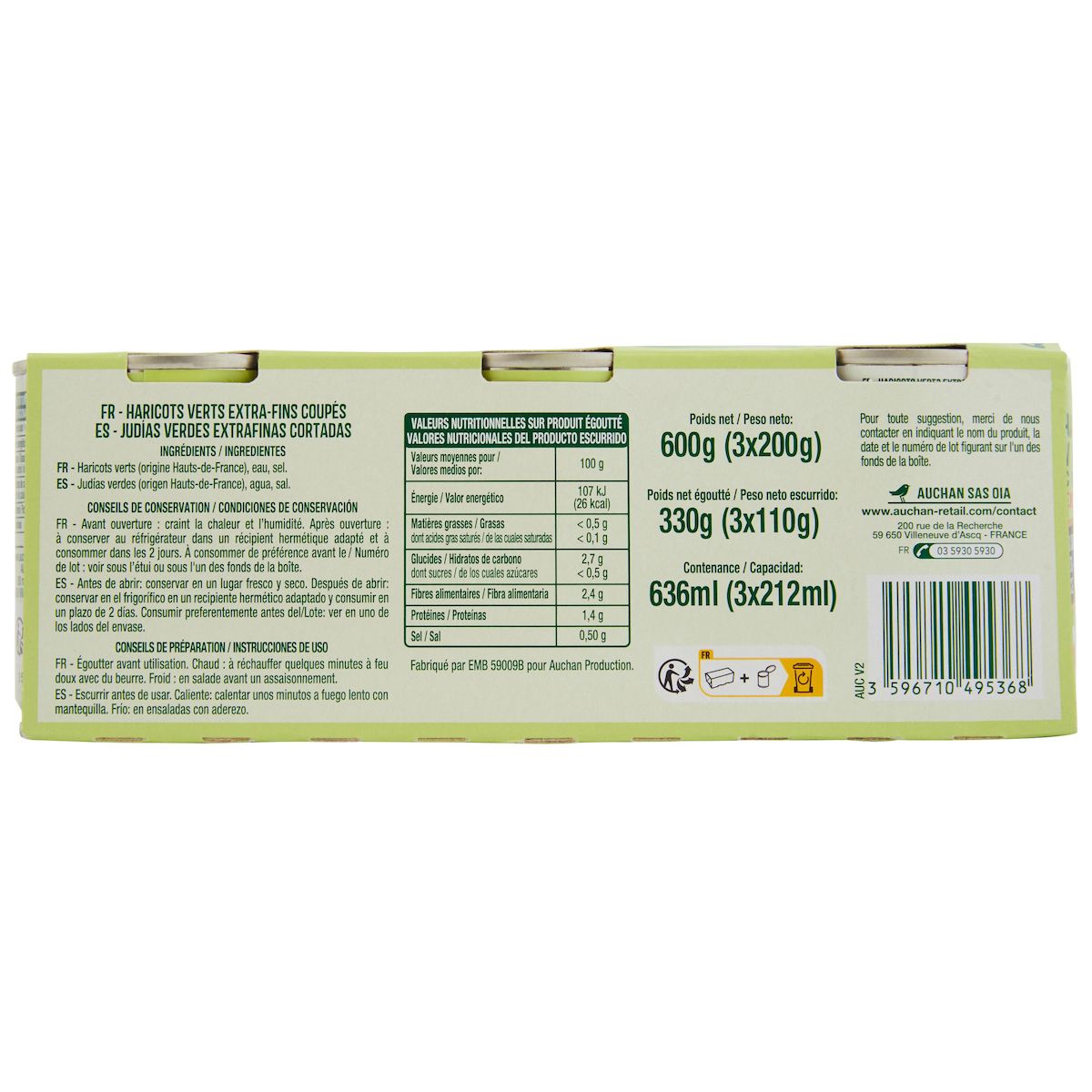 AUCHAN Haricots verts coupés extra-fins 3x110g