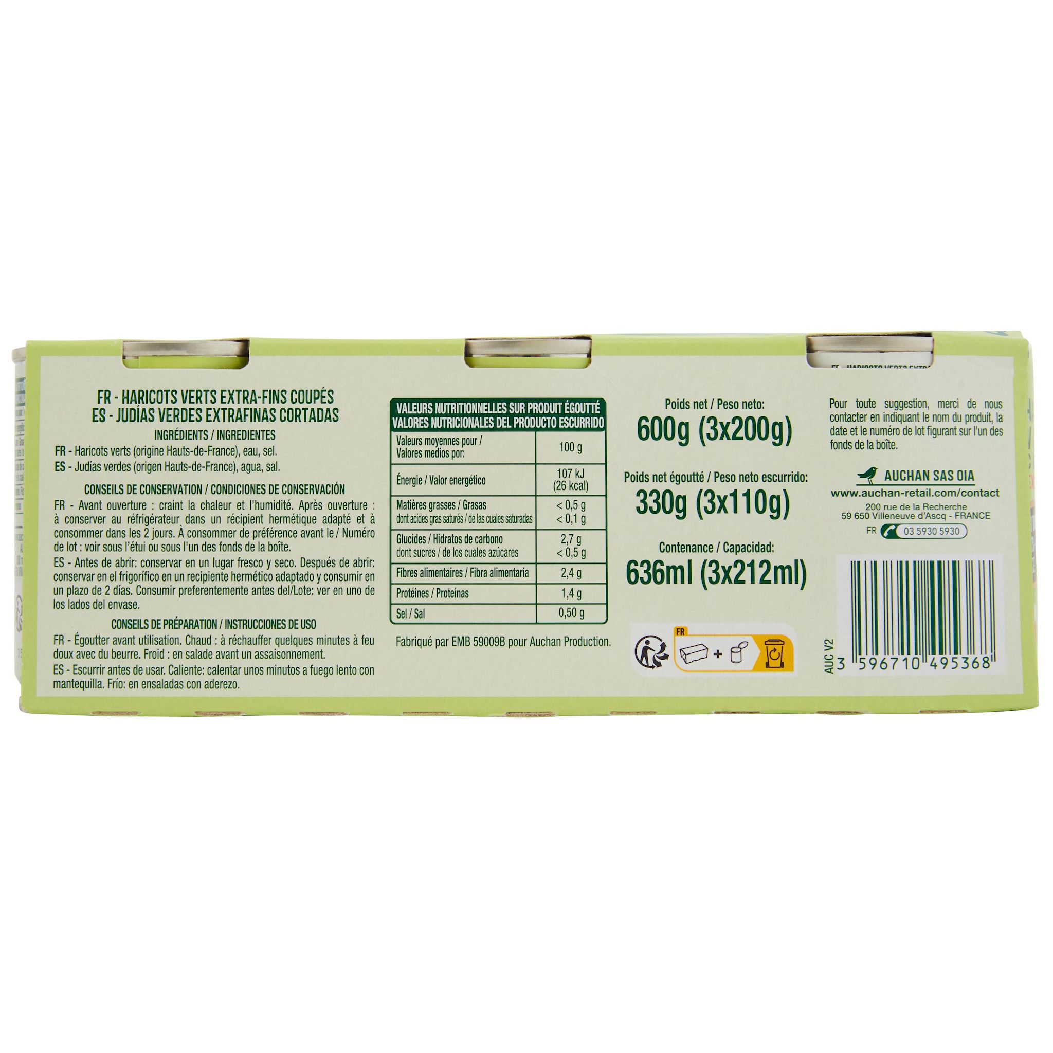 Voir la diapositive 2 : AUCHAN Haricots verts coupés extra-fins 3x110g