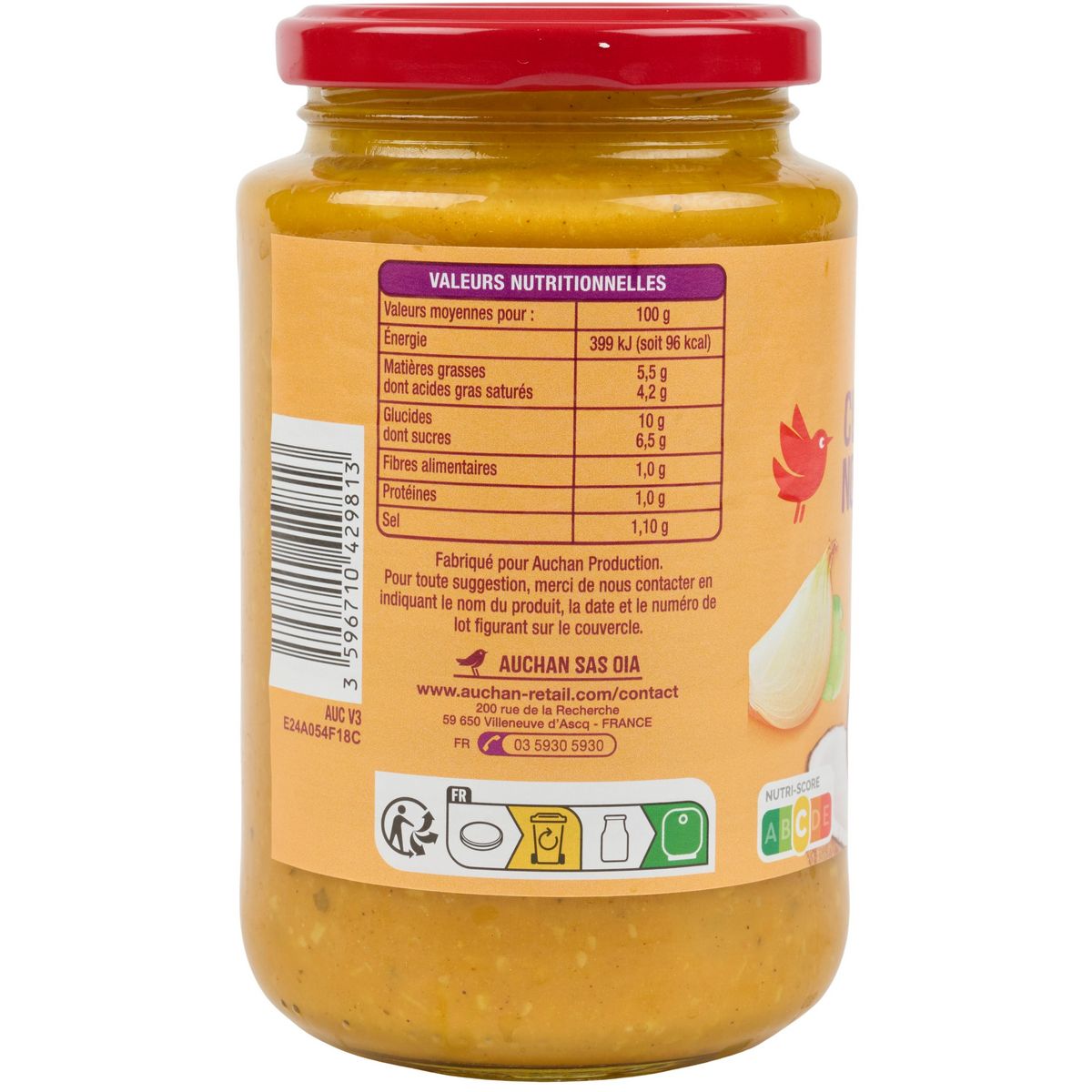 AUCHAN Sauce curry à la noix de coco en bocal 400g