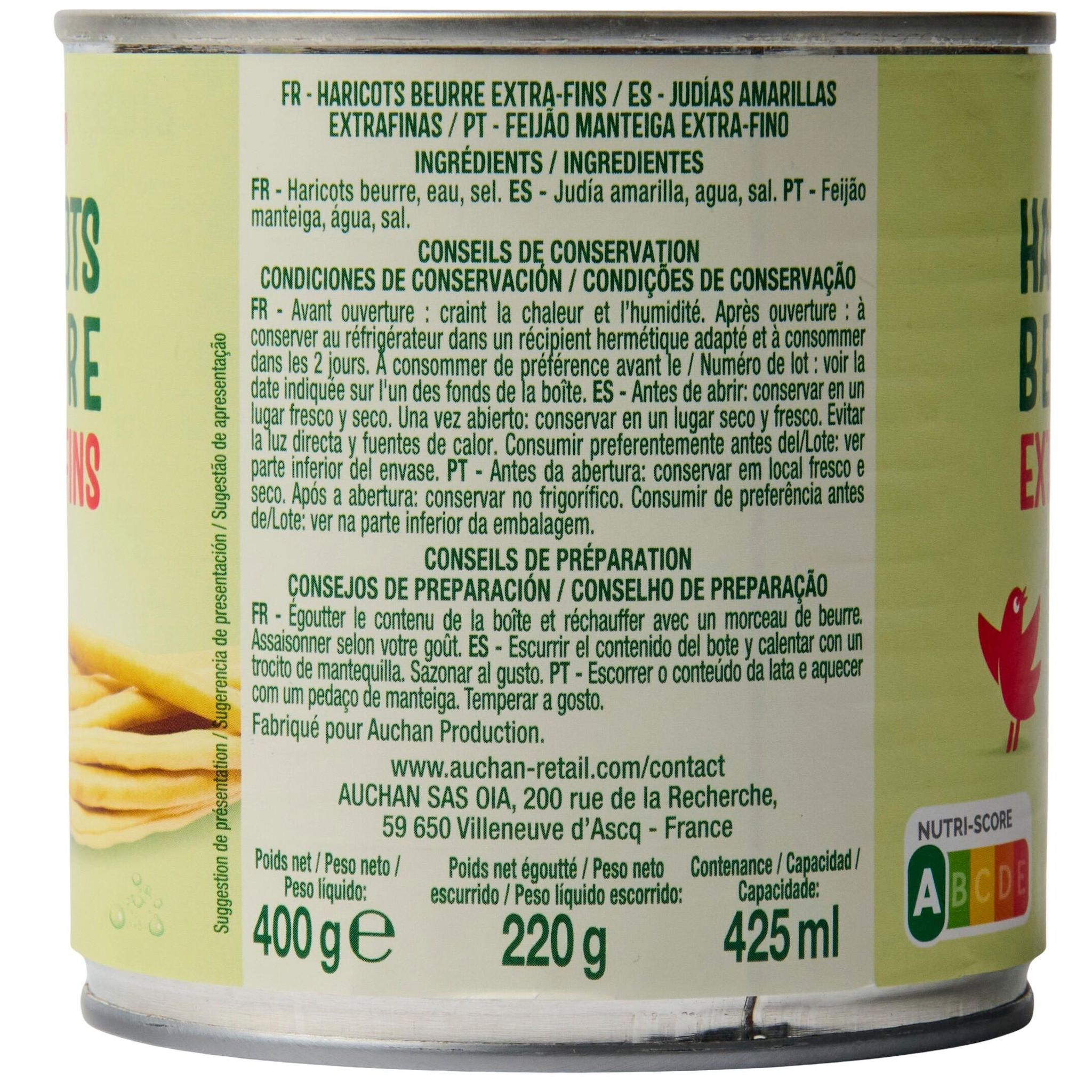 Voir la diapositive 2 : AUCHAN Haricots beurre extra fins 220g