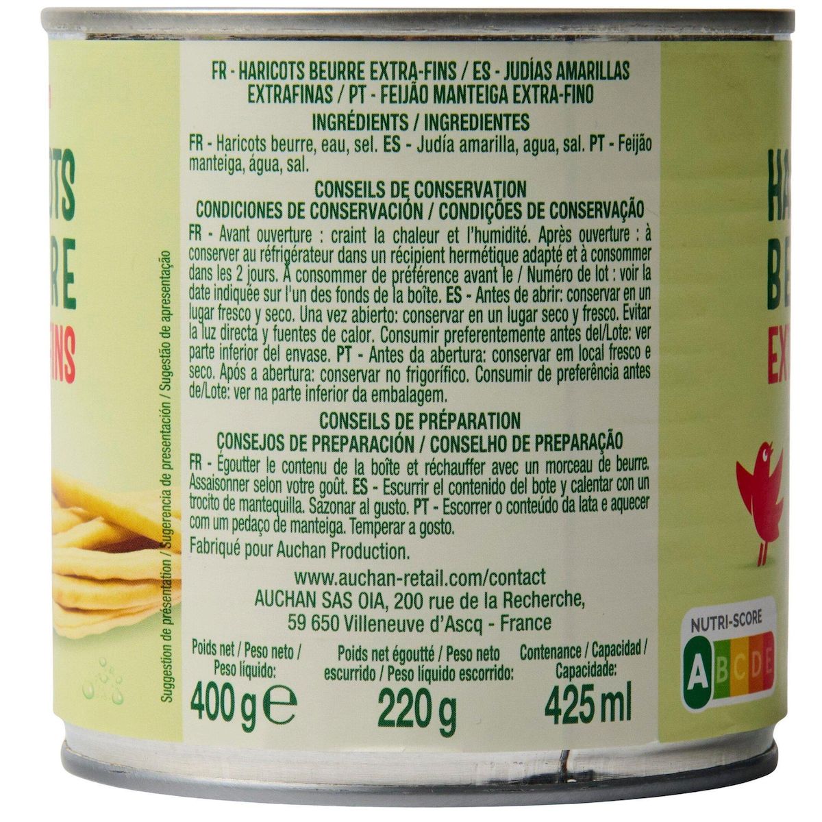 AUCHAN Haricots beurre extra fins 220g