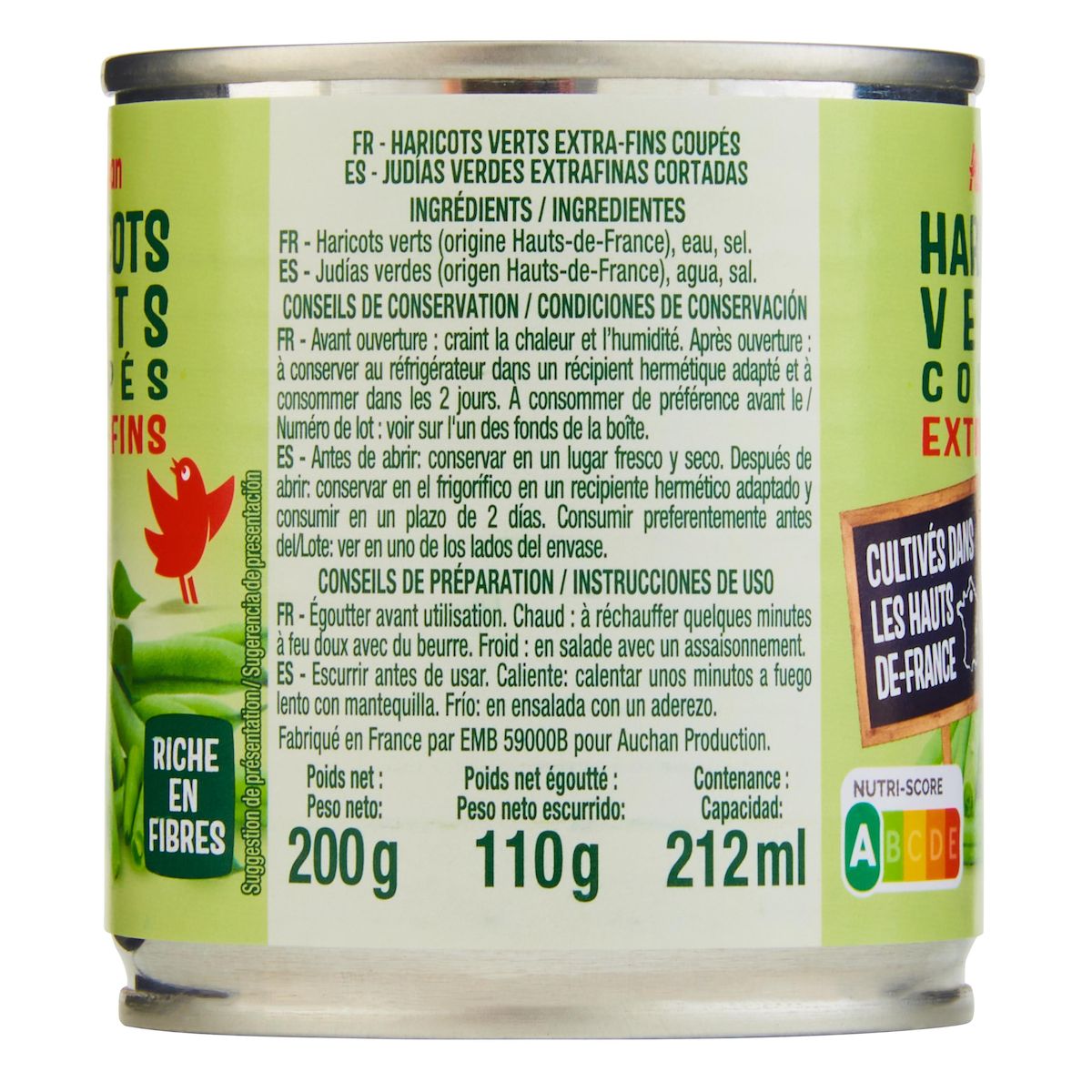 AUCHAN Haricots verts coupés extra fins 110g