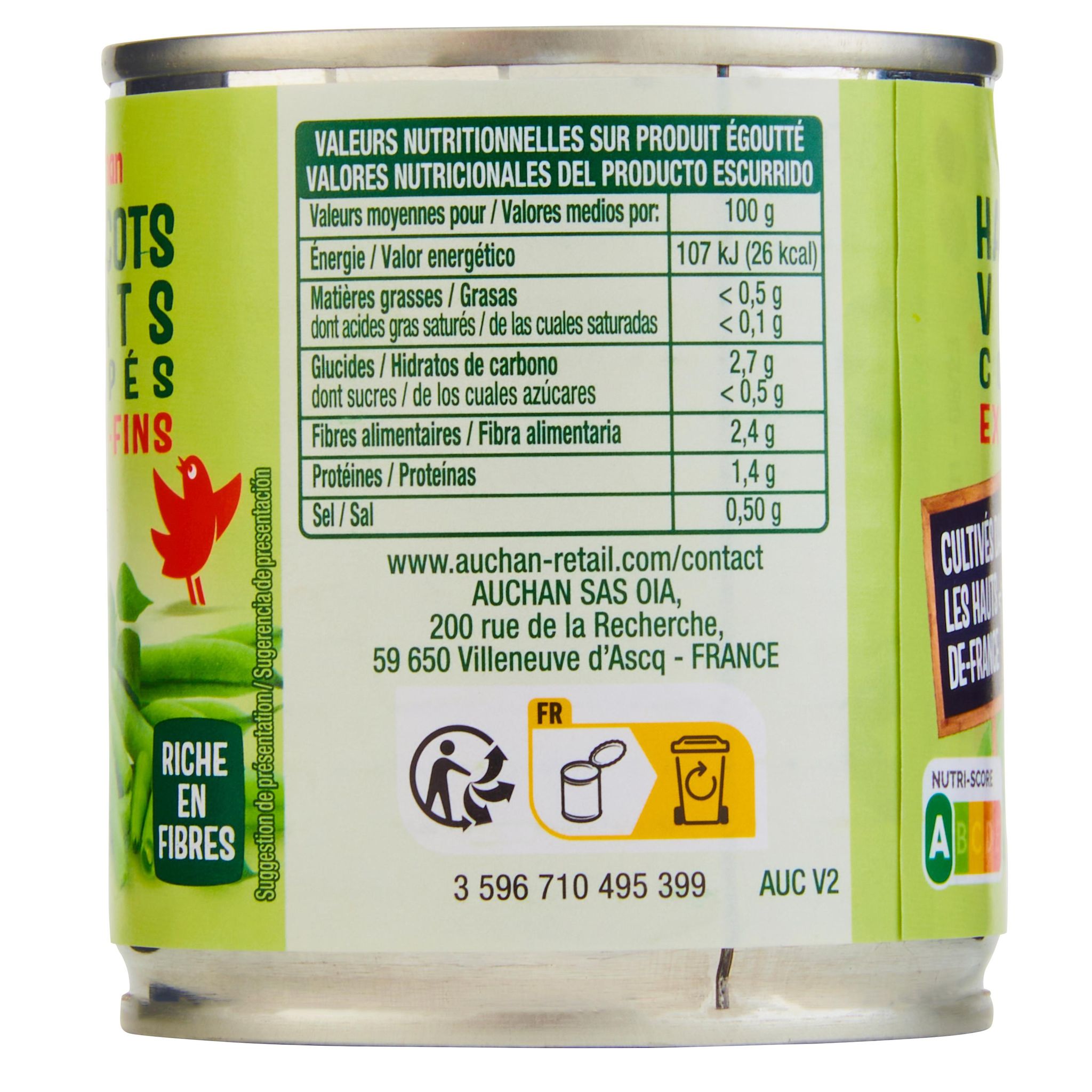 Voir la diapositive 2 : AUCHAN Haricots verts coupés extra fins 110g