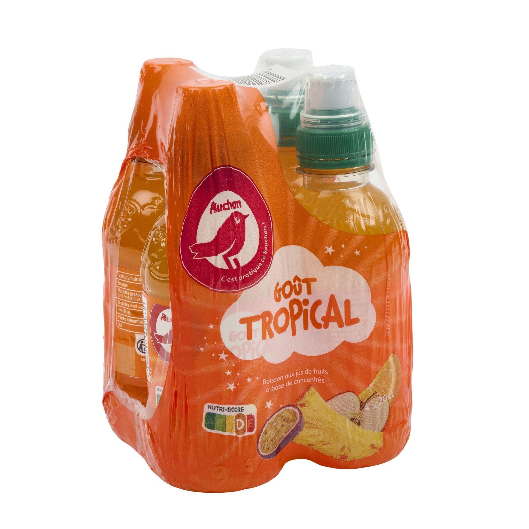 Voir la diapositive 2 : AUCHAN Boisson au jus de fruits goût tropical bouteilles bouchon sport 4x20cl