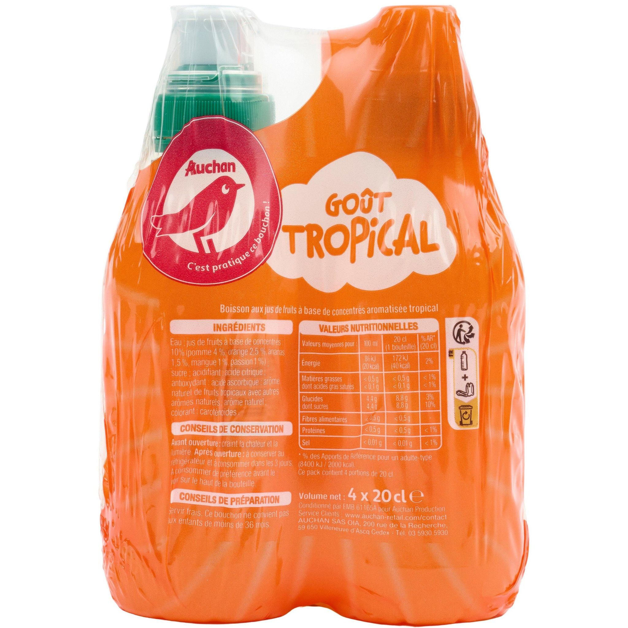 Voir la diapositive 3 : AUCHAN Boisson au jus de fruits goût tropical bouteilles bouchon sport 4x20cl