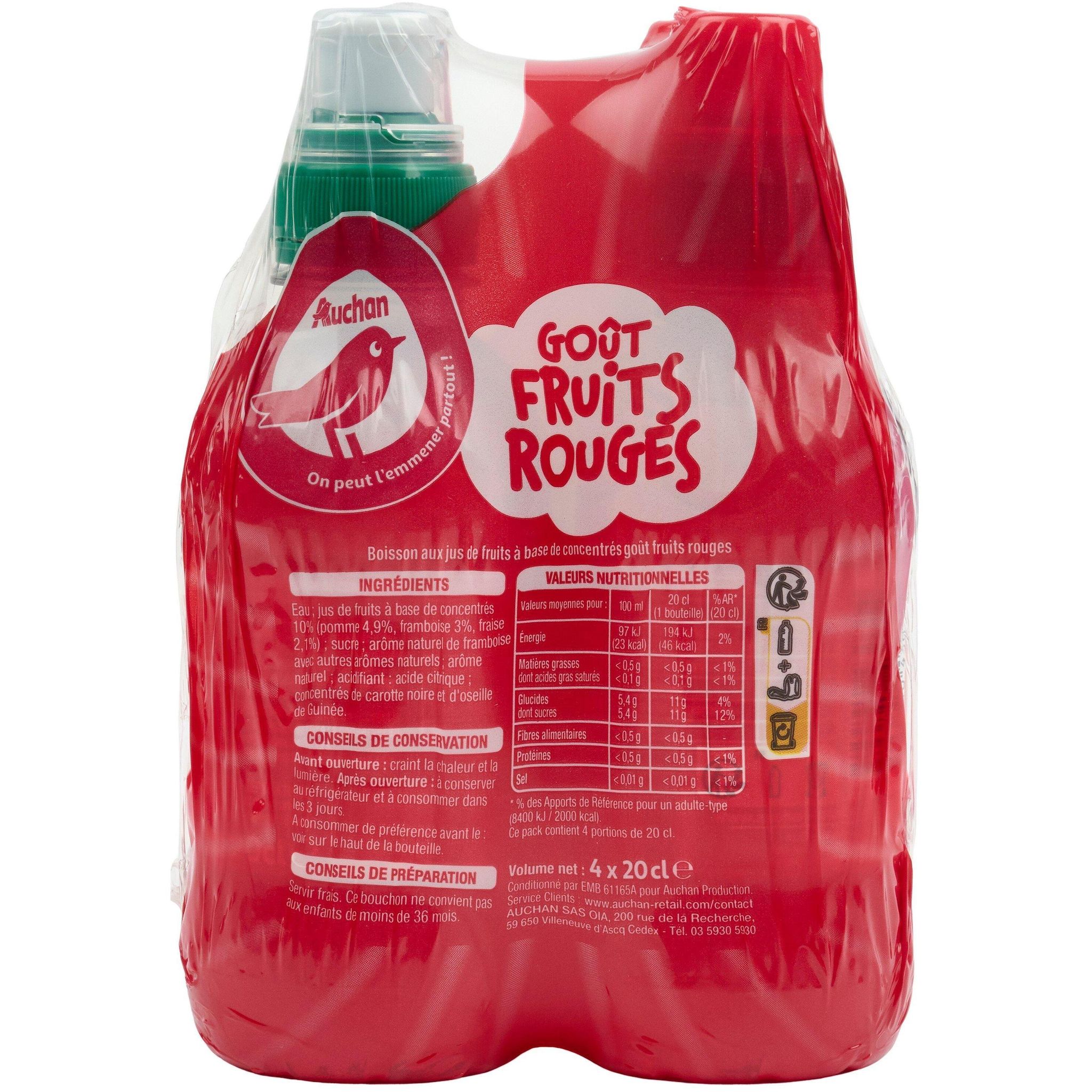 Voir la diapositive 2 : AUCHAN Boisson aux jus de fruits goût fruits rouges bouteilles bouchon sport 4x20cl