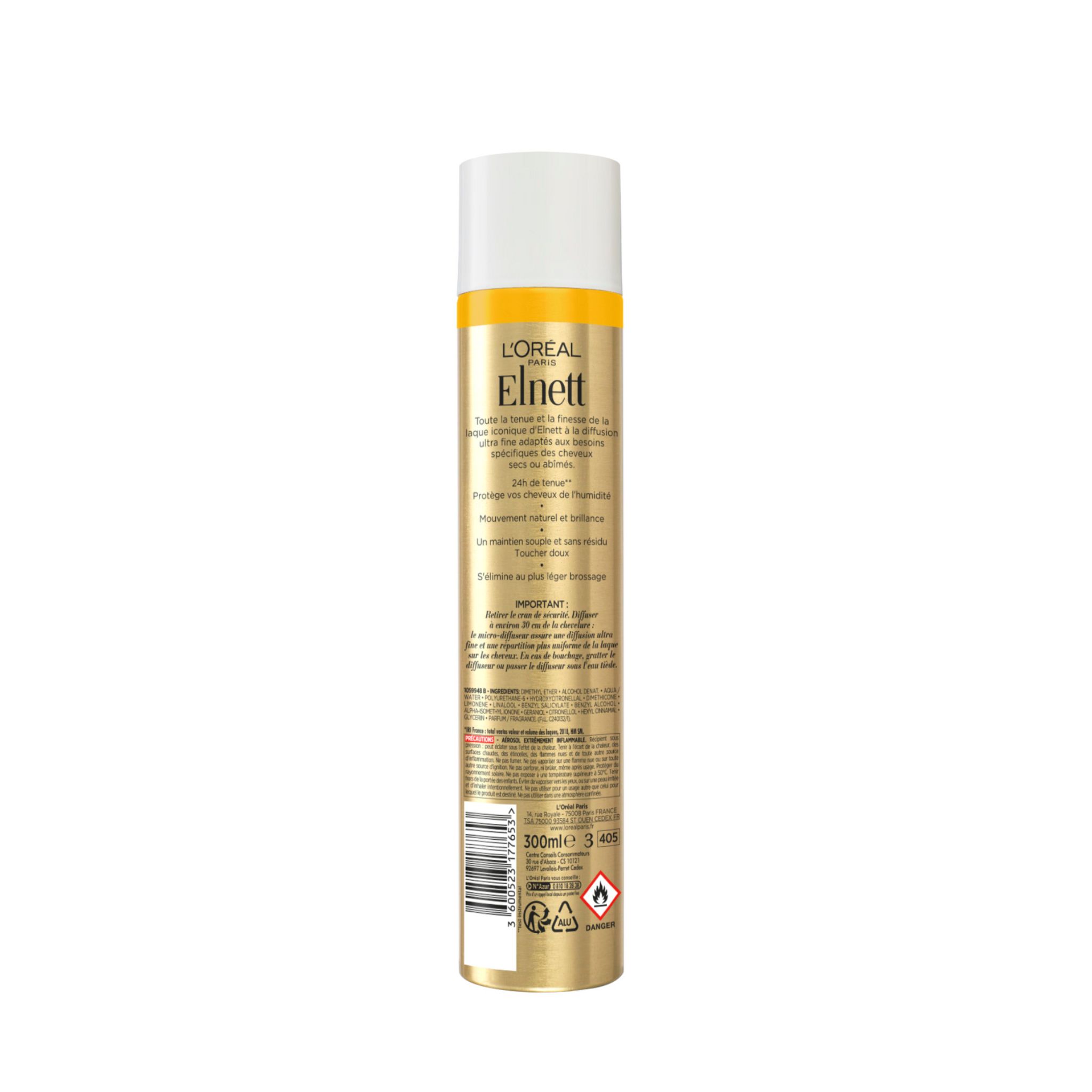 Voir la diapositive 2 : L'OREAL Elnett Laque fixation forte pour cheveux secs et abîmés 300ml