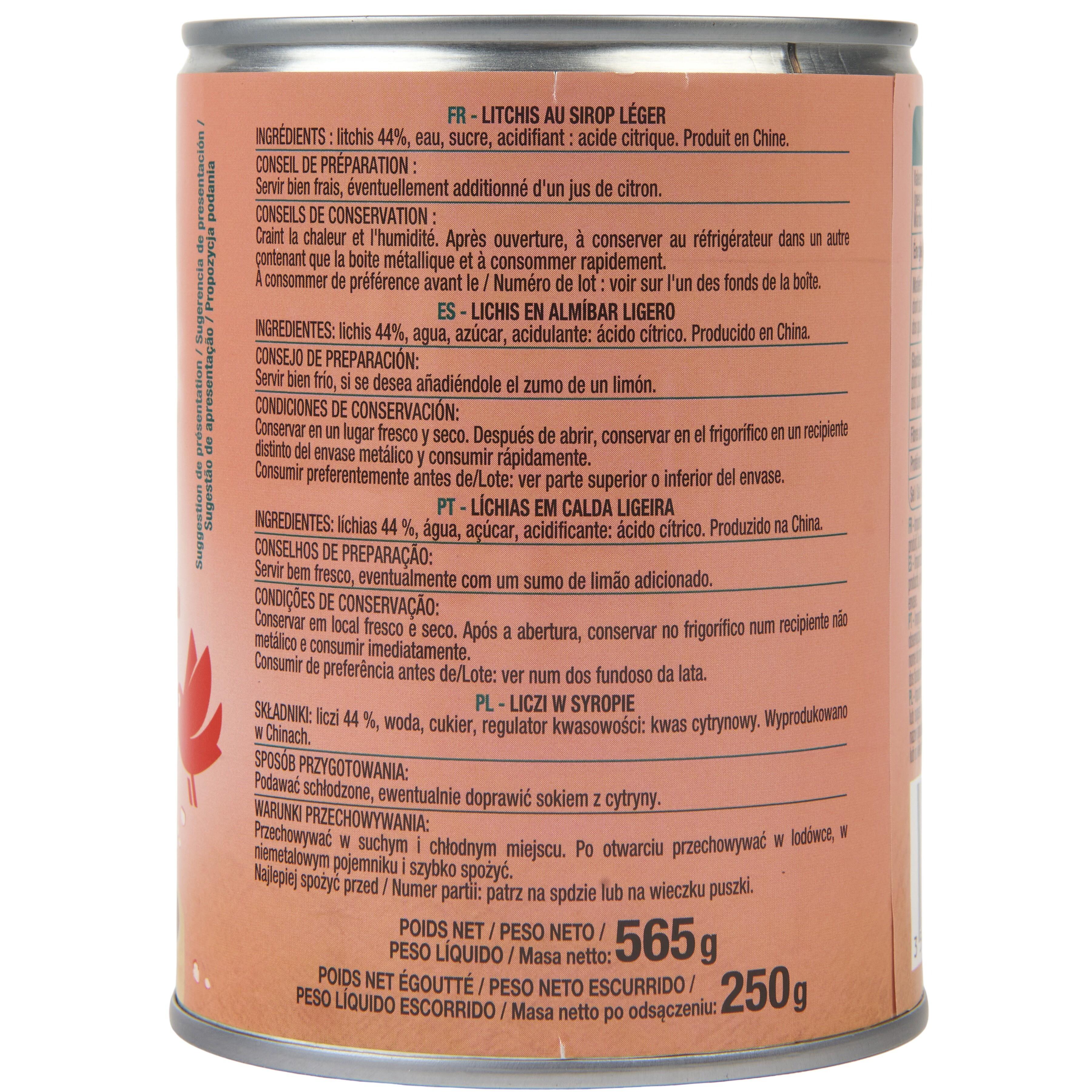 Voir la diapositive 2 : AUCHAN Lychees au sirop léger 565g