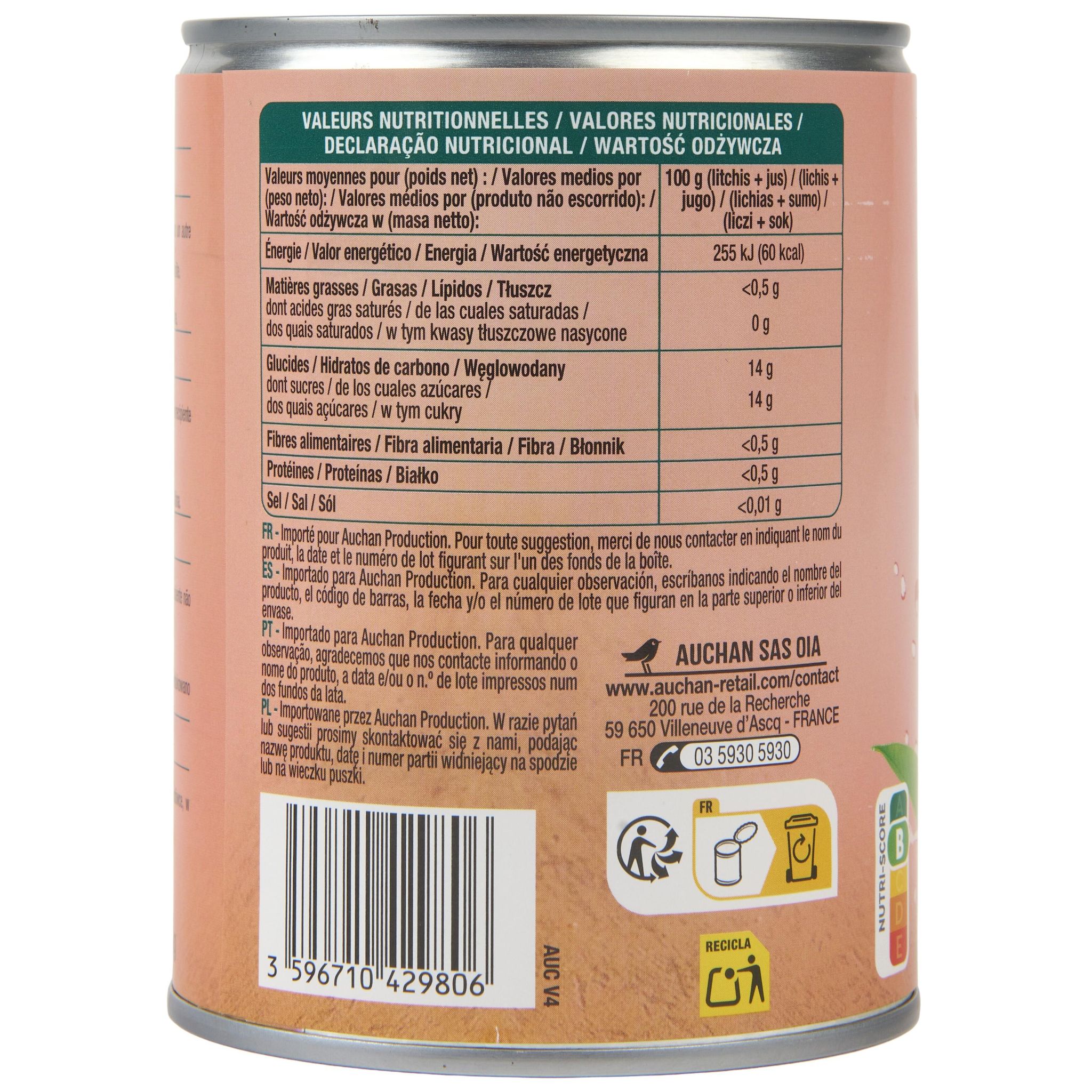 Voir la diapositive 3 : AUCHAN Lychees au sirop léger 565g