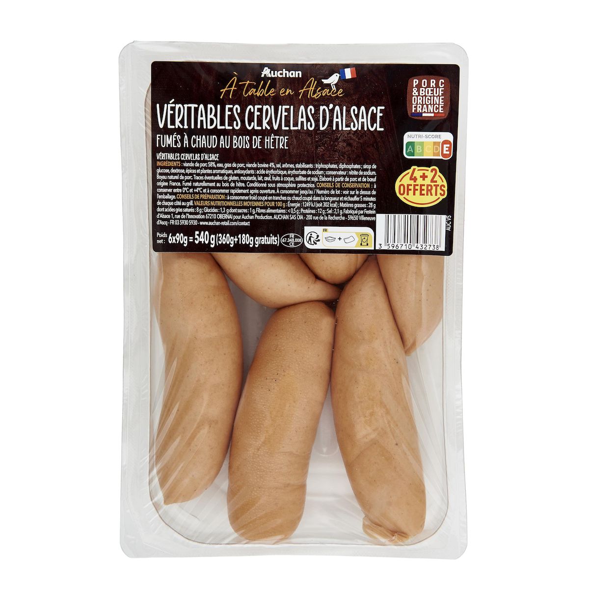 AUCHAN TERROIR Véritable Cervelas d'Alsace 4+2 offerts 540g