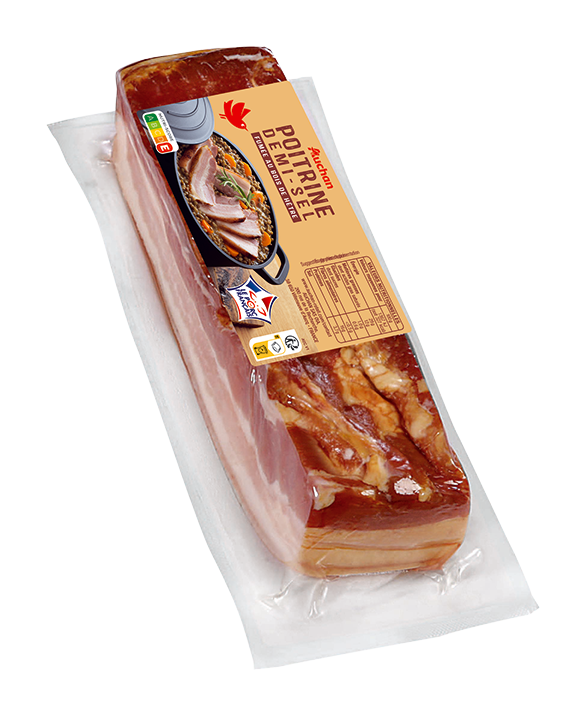 Voir la diapositive 2 : AUCHAN Poitrine demi-sel fumée au bois de hêtre 1 pièce Env. 1kg