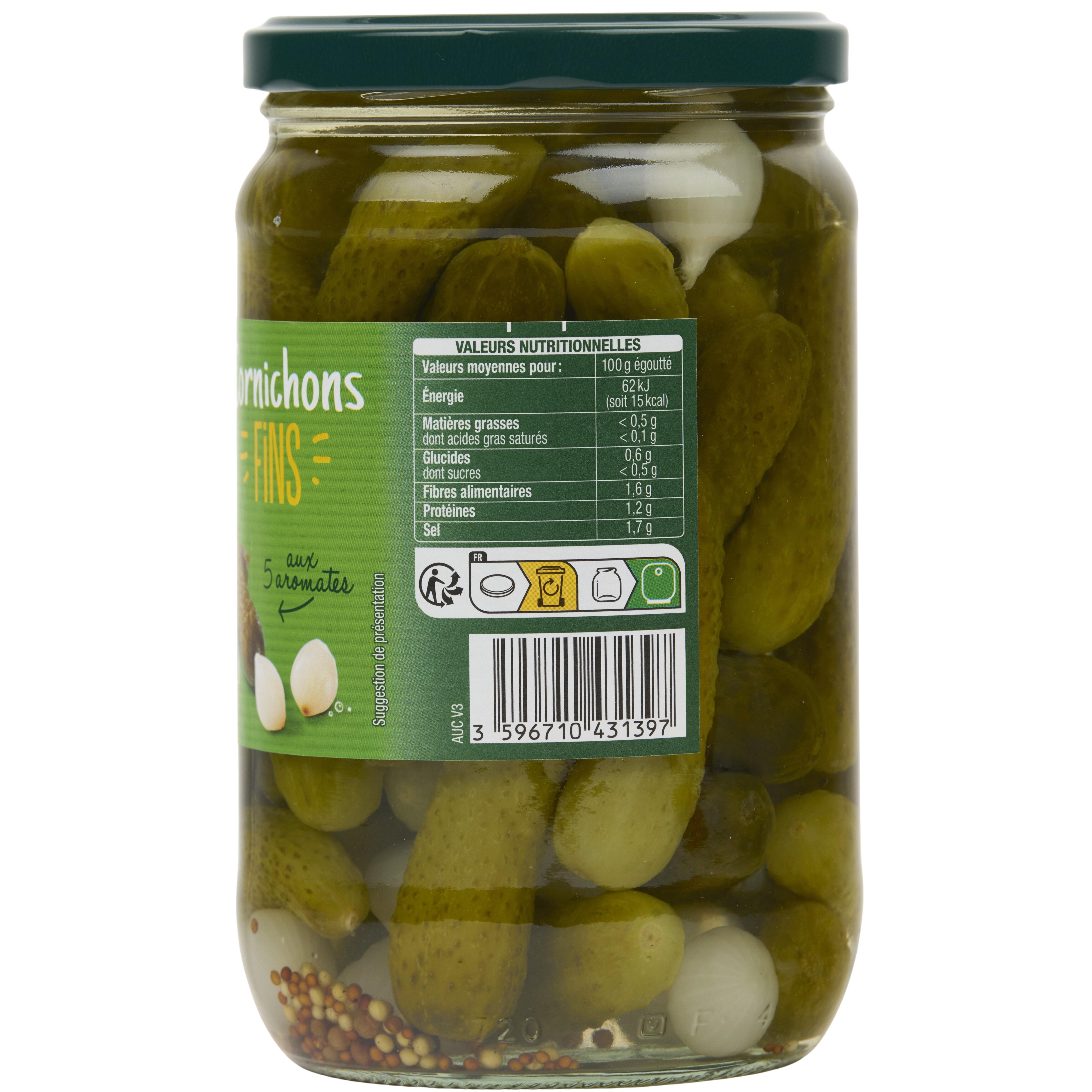 Voir la diapositive 4 : AUCHAN Cornichons fins aux 5 aromates 360g