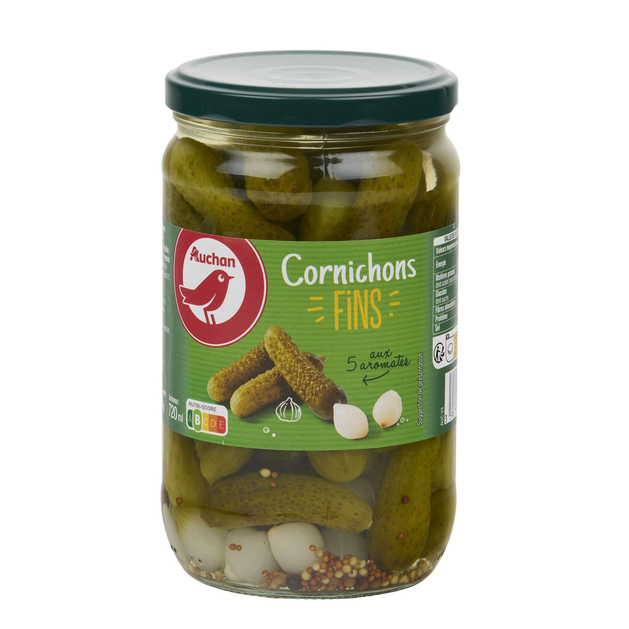 Voir la diapositive 4 : AUCHAN Cornichons fins aux 5 aromates 360g