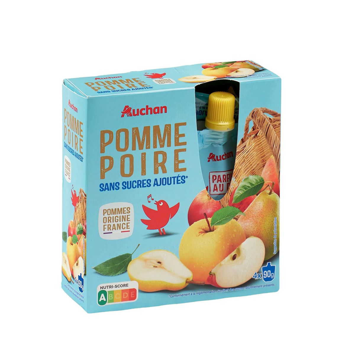AUCHAN Gourdes purée de pomme poire allégées en sucres sans conservateur 4x90g