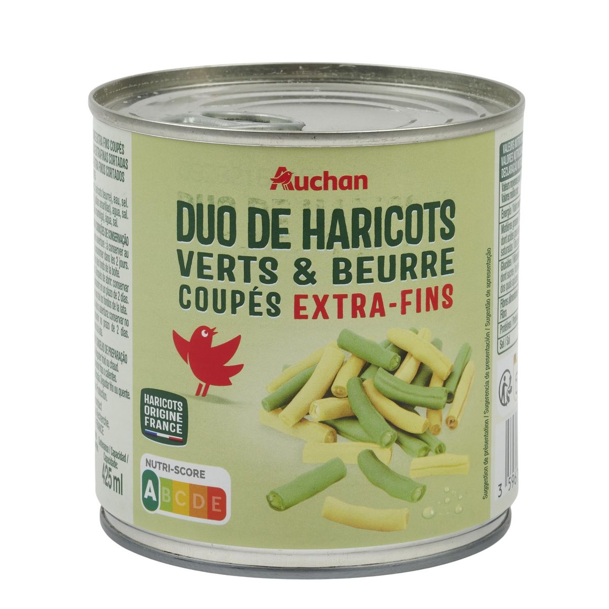 AUCHAN Duo de haricots verts et beurre extra-fins origine France 225g