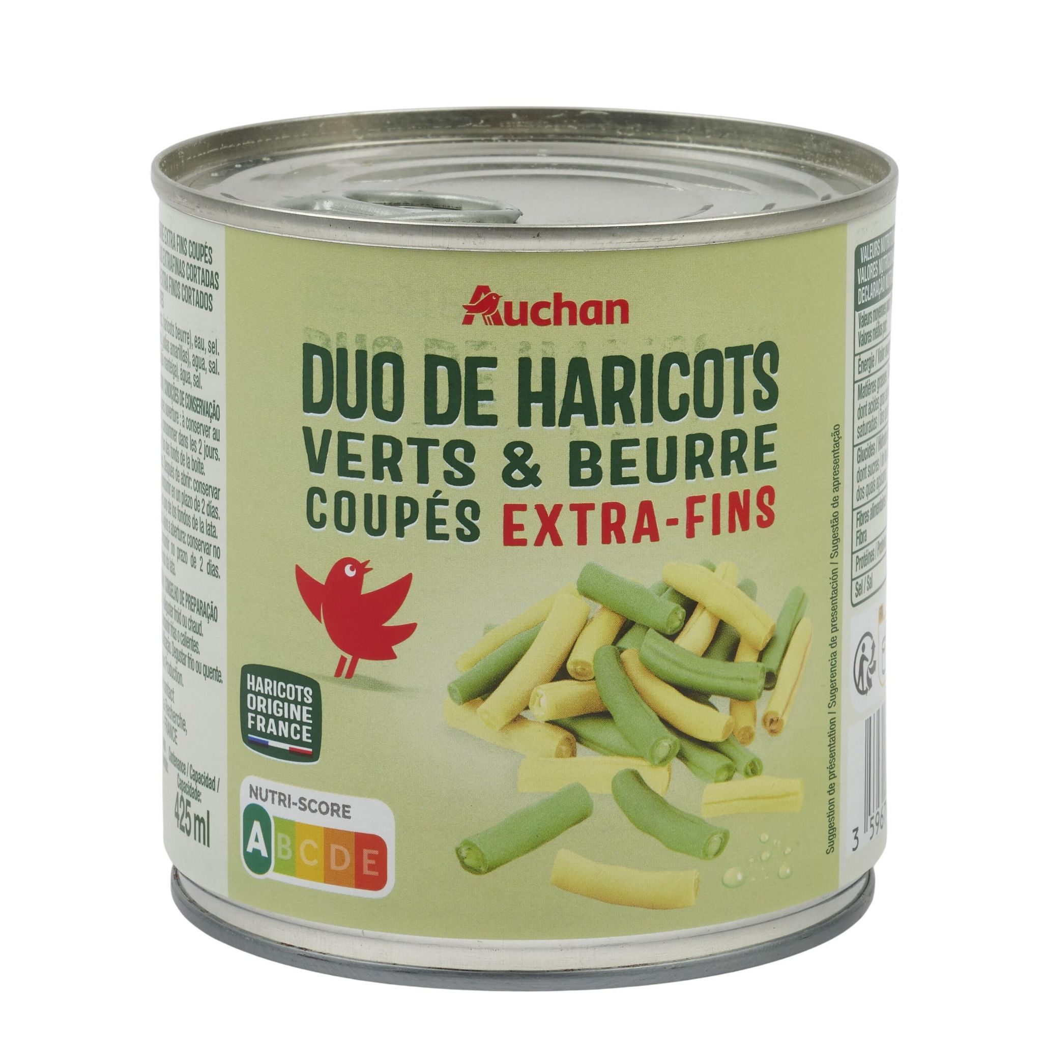 Voir la diapositive 2 : AUCHAN Duo de haricots verts et beurre extra-fins origine France 225g