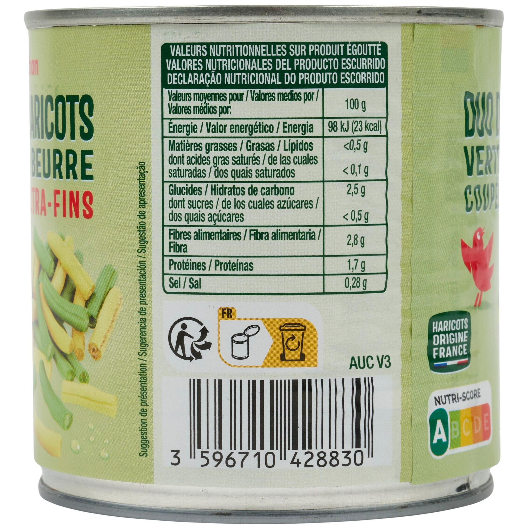 Voir la diapositive 3 : AUCHAN Duo de haricots verts et beurre extra-fins origine France 225g