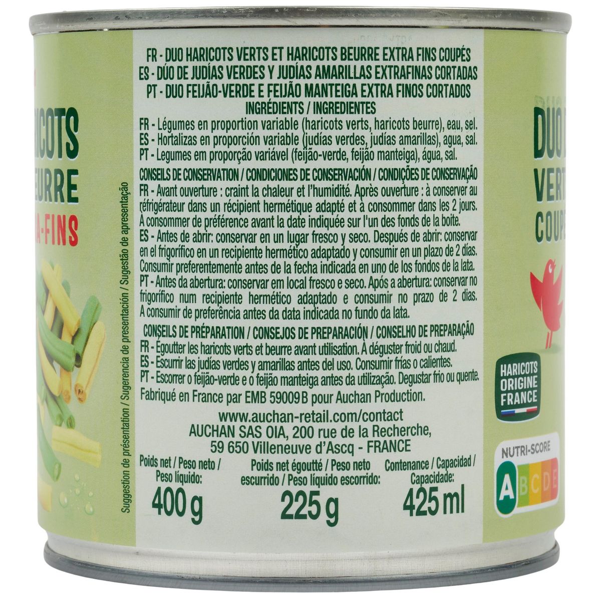 AUCHAN Duo de haricots verts et beurre extra-fins origine France 225g