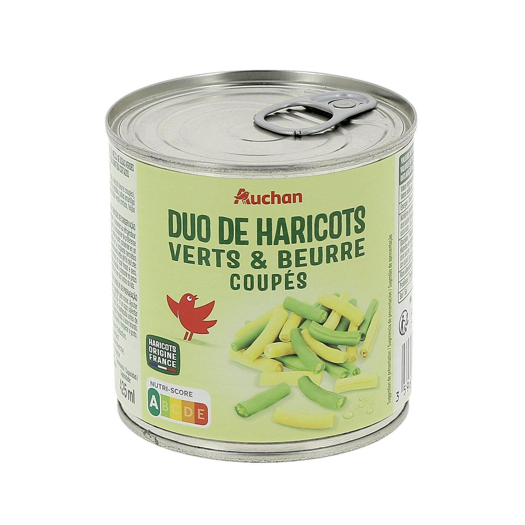Voir la diapositive 4 : AUCHAN Duo de haricots verts et beurre extra-fins origine France 225g
